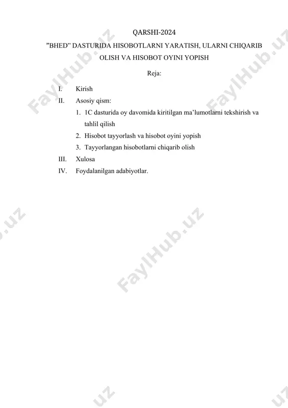 urda bu jarayon yanada qulay va tez amalga oshadi. barcha hisoblarni muvozanatlash, oyni yopish va kerakli hisobotlarni tizimdan olish bilan hisobot oyini muvaffaqiyatli yakunlash mumkin. shunday qilib, elektron dasturlar buxgalteriya ishlarini soddalashtiradi, hisobot tayyorlash va yakunlash jarayonini tezlashtiradi. natijada buxgalterlar murakkab hisoblarni avtomatik ravishda boshqarib, korxonaning moliyaviy holati haqida aniq va to‘liq ma'lumotlarga ega bo‘lishadi, bu esa korxonaning samarali boshqarilishini ta'minlaydi. 1. 1c dasturida oy davomida kiritilgan ma’lumotlarni tekshirish va tahlil qilish 1c dasturida hisobotlarni tayyorlash jarayoni bir nechta bosqichlardan iborat bo‘lib, bu jarayonning har bir qismi hisob-kitoblarning aniq va shaffof bo‘lishini ta'minlaydi. dastlab, hisobot tayyorlashning maqsadini aniqlash muhimdir. hisobotlar moliyaviy ko‘rsatkichlar, soliq majburiyatlari yoki boshqa tahliliy ma'lumotlarni aks ettirishi mumkin. maqsad aniq belgilanganidan so‘ng, zarur ma'lumotlarni to‘plash va kiritish jarayoniga o'tish kerak. keyinchalik, 1c dasturida hisobotni tayyorlash uchun foydalaniladigan parametrlarga e'tibor berish zarur. bu parametrlar yordamida hisobotning ko‘rinishini va mazmunini shakllantirish mumkin. hisobot shaklini tanlash, ularni kerakli darajada tafsilotlar …