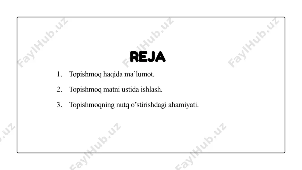 rtiqcha” (beshinchisi, oltinchisi, ettinchisi, ...ortiqcha) metodidan foydalanish mumkin. ushbu metod bunda alohida ahamiyat kasb etishiga shubha yo’q. uni qo’llashda quyidagi harakatlar amalga oshiriladi: –o’rganilayotgan topishmoq mavzu-mohiyatini ochib berishga xizmat qiluvchi tushunchalar tizimini shakllantirish; –hosil bo’lgan tizimdan topishmoqqa taalluqli bo’lgan to’rtta (beshta, oltita, ... ) va taalluqli bo’lmagan bitta tushunchaning o’rin olishiga erishish; –o’quvchilarga topishmoqqa taalluqli bo’lmagan tushunchani aniqlash va uni tizimdan chiqarish vazifasini topshirish; –o’quvchilarni o’z hharakatlari mohiyatini sharhlashga undash (mavzuni mustahkamlash maqsadida o’quvchilardan tizimda saqlanib qolgan tushunchalarga ham izoh berib o’tishlari hamda ular o’rtasidagi mantiqiy bog`lilikni asoslashlarini talab etish lozim). «3/3» («4/4», «5/5», ...) metodi yuqorida qayd etilgan metodlarning muqobili hisoblanib, o’quvchilardan o’rganilayotgan topishmoq mavzusi yuzasidan tahliliy mulohaza yuritish, shuningdek, eng muhim tayanch tushunchalarni ifodalay olishni ta’minlaydi. unga ko’ra, o’qituvchi topishmoq mavzusi yuzasidan uchta (to’rtta, beshta va hokazo) to’g`ri va unga teng nisbatda (uchta, to’rtta, beshta) bo’lgan va noo’rin qo’llanilgan tushunchalar (so’zlar, belgilar, tasvirlar va boshqalar)dan iborat tizimni shakllantiradi. …