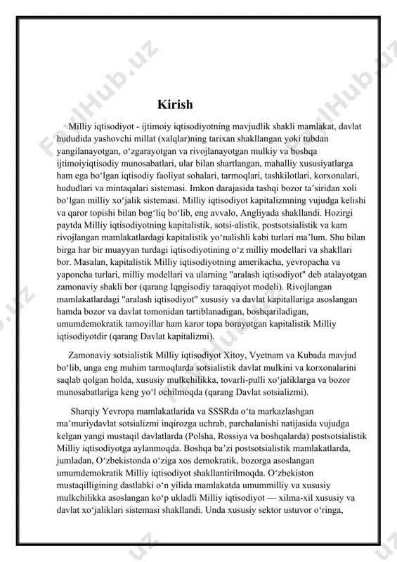 ga muvofiq nisbati taʼminlanishining , ishlab chiqariladigan mahsulotlarning va koʻrsatiladigan xizmatlarning mumkin qadar ijtimoiy zarur yuqori hajmlarda boʻlishining muhim sharti fantexnika taraqqiyotini tezlashtirish, zamonaviy va samarali texnologiyalarni qoʻllash, kadrlar tayyorlash sifatini oshirish, ishlashni xoxlovchi barcha mehnatga qobil kishilarning ish bilan taʼminlanishiga erishishdir. birinchi navbatda, moddiy ishlab chiqarish sohasini intensiv rivojlantirish, mahsulot hajmini, ayniqsa, sof mahsulot hajmini sarf-harajatlarning va aholining oʻsishiga nisbatan tezroq oʻstirish milliy iqtisodiyot va iqtisodiy taraqqiyot muammolarini hal etishning , uni uzluksiz yuksaltirishning bosh yoʻlidir. bundan tashqari milliy iqtisodiyotning sanoat, qishloq xoʻjaligi, qurilish, transport, aloqa va boshqa tarmoqlari ichida hamda shu tarmoqlar oʻrtasida barqaror, oʻsuvchan tarkibiy oʻzgarishlar va maqsadga muvofiq nisbatlar, mutanosibliklar boʻlishi muhimdir. fuqaroviy va harbiy ishlab chiqarishlar nisbati ham toʻgʻri, meʼyorida boʻlishi kerak. ishlab chikarilayotgan tovarlarning va koʻrsatilayotgan xizmatlarning asosiy qismi, birinchi navbatda, ichki bozor talab-ehtiyojlarini qondirishga yoʻnaltirilishi, eng avvalo ichki bozorni sifatli va arzon milliy tovarlar bilan toʻyin-tirish (toʻldirish) maqsadga muvofiqsir. shu bilan birga tashqi …