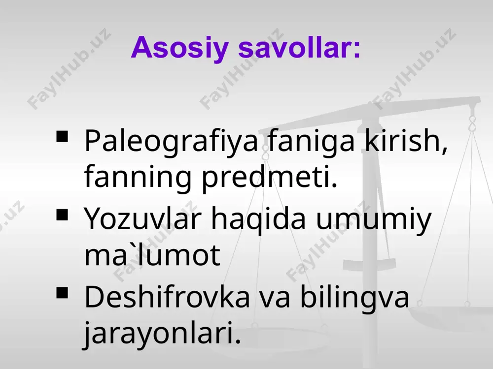 ga yaqini foydalanadi. 1.lotin yozuvi grafikasidan – dunyo aholisining – 30 % ga yaqini foydalanadi. dastlabki yozuvlar 5-6 ming yil avval misr, mesopotamiya, xett, hindiston va xitoyda kashf etilgan shumerda (mesopotamiya) mil.avv iv – ming yillikda mixsimon ieroglif yozuv kashf qilingan (suratli) misrda bundan 6-7 ming yil avval 750belgidan iborat rasmli-ieroglif kashf etilgan 24 harfni o’rganadigan alifbo paydo bo’lgan xitoy yozuvi – bundan 3,5 – 4 ming yil avval kashf etilgan, xitoy ieroglifi dastlab shan in davrida mil.avv. 2 – ming yillikda kashf etilgan, shunda yozuvlarning turi 2 mingga yaqin bo‘lgan. xan davrida ierogliflar soni 18 mingtaga etgan. hind yozuvi – mil.avv. 3 – 2 ming yillikda 700 ga yaqin belgi – rasmdan iborat yozuv bo‘lgan hind va panjob viloyatlarida 700 belgidan iborat alifbo topilib,olimlarning fikricha bu yozuvlar shumer va misr yozuvlari asosida vujudga kelganligi aniqlangan lotin yozuvlari mil.avv. viii – vii asrlarda yaratilgan. finikiyada mil.avv x asr boshlarida 25 …