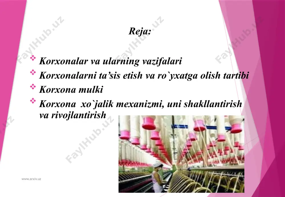 vazifani amalga oshirish yo`lida korxona quyidagilarga erishishi lozim: ishlab chiqarishning rivojlanishi va samaradorligi ortishi; uni har tomonlama jadallashtirish, fan-texnikani taraqqiy ettirish, mehnat unumdorligini oshirish, resurslarni tejash, foydani ko`paytirish; jamoani ijtimoiy jihatdan rivojlantirish, ijtimoiy sohaning zamonaviy moddiy asosini shakllantirish, yuqori unumdor mehnat uchun imkoniyatlar yaratish, mehnatga qarab taqsimot tamoyilini amalga oshirish, atrof muhitni himoya qilish va yaxshilash; mehnat jamoasining o`z-o`zini boshqarish, har bir ishlovchini davlat, jamoa, xususiy mulkdan haqiqiy mulkdor sifatida foydalanishga qiziqtirish, shuningdek, ularda jamoa va davlat ishlariga qiziqish uyg`otish. www.arxiv.uz www.arxiv.uz korxonalarni ta’sis etish va ro`yxatga olish tartibi korxona, odatda, mulk egasi yoki uning vakili bo`lgan tashkilot, korxona, muassasa qarori bilan, yo bo`lmasa, jamoa qarori bilan ta’sis etiladi. korxona mulki egasi rozi bo`lgan holda va korxona tomonidan avval olingan majburiyatlarni bajargan holda, tashkilotlarning bir yoki bir necha bo`linmasi shu bo`linma jamoasi qarori bilan ajralib chiqishi mumkin. korxonani ta’sis etish va uning faoliyatini yuritish uchun yer maydoni ajratish,zarur bo`lgan holda …