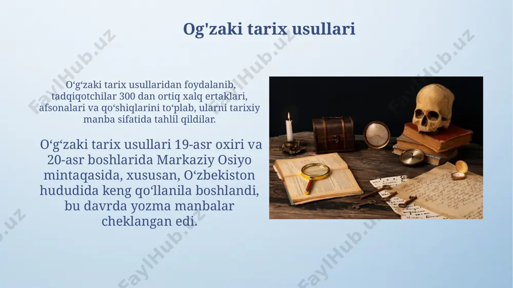 alari yoshi aniqlanadi va tarixiy voqealar xronologiyasi aniqlanadi. tarixiy voqealarni rekonstruksiya qilish usullari 17-asr buxoro amirligi davridagi soliq yigʻimining miqdoriy koʻrsatkichlarini aniqlashda, yozma manbalar, masalan, "muxbi ul-asr" kabi asarlar bilan arxeologik qazishmalar natijalari taqqoslanadi. toshkent shahriga 19-asr boshlarida epidemiya ta'sirini baholashda, demografik ma'lumotlar, tibbiy hujjatlar va mahalliy aholi xotiralarini aks ettiruvchi ogʻzaki manbalar tahlil qilinadi. tarixiy tadqiqotlarda kompyuter texnologiyalaridan foydalanish xxi asrda oʻzbekiston tarixini oʻrganishda 100 000 dan ortiq raqamlangan tarixiy hujjatlarni tahlil qilish uchun kompyuter dasturlari, masalan, prosopografiya dasturlari qoʻllanilmoqda. samarqanddagi mirzo ulugʻbek rasadxonasiga oid 15-asr astronomik maʼlumotlarini qayta ishlashda statistik tahlil dasturlari yordamida 20 dan ortiq yangi nazorat oʻlchovlar aniqlandi. statistika usullari 19-asr oxiri va 20-asr boshlarida rossiya imperiyasi hududida, jumladan, turkistonda aholi roʻyxati va iqtisodiy maʼlumotlarni yigʻishda statistik usullar keng qoʻllanildi, bu esa demografik oʻzgarishlarni tahlil qilish imkonini berdi. markaziy osiyo mintaqasida, xususan, samarqand va buxoro kabi shaharlardagi savdo hajmini aniqlashda 1880-yillardan boshlab statistik maʼlumotlarning ahamiyati sezilarli …