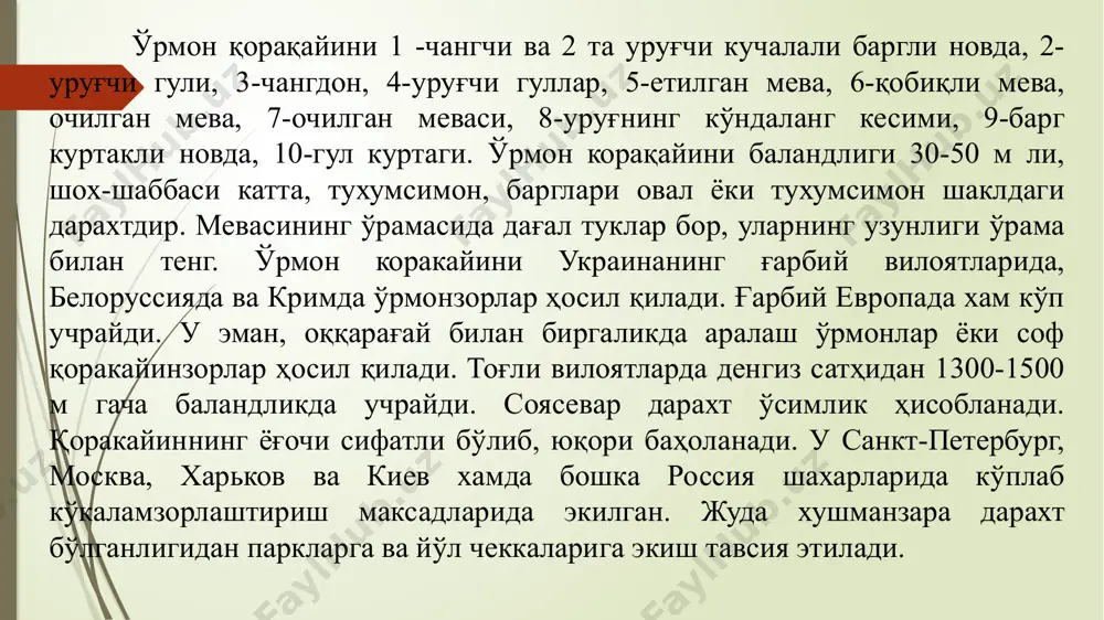 чаларида, парк ва ҳиёбонларда ўстирилади. мдҳ мамлакатлари кўпчилик саноати учун керак бўлган хом ашёнинг деярли 50% и эман дарахтининг пўстлоқ ва ёғоч қисмларидан олинади. эманлардан турли мақсадлар учун фойдаланиш мумкин. унинг ёғочидан юқори сифатли асбоб-ускуналар, уй жиҳозлари тайёрланади . эманнинг (fagaceae) кенг тарқалган ва энг аҳамиятли тури ҳисобланади. унинг баргида 3%, пўстлоғида 9— 10%, ёғоч қисмида 5% ва мевасида 2% гача танид моддаси бор. ўзбекистонда бу туркумнинг 7 тури манзарали ўсимлик сифатида боғларда, шаҳар кўчаларида, парк ва ҳиёбонларда ўстирилади. жумҳуриятимизда гарчи табиий эманзорлар бўлмаса-да, ўсимлик ҳақида қисқача маълумотлар беришни лозим топдик, чунки мдҳ мамлакатлари кўпчилик саноати учун керак бўлган хом ашёнинг деярли 50% и эман дарахтининг пўстлоқ ва ёғоч қисмларидан олинади. эманлардан турли мақсадлар учун фойдаланиш мумкин. унинг ёғочидан юқори сифатли асбоб-ускуналар, уй жиҳозлари тайёрланади. эманнинг кенг тарқалган ва энг аҳамиятли тури ҳисобланади. унинг баргида 3%, пўстлоғида 9— 10%, ёғоч қисмида 5% ва мевасида 2% гача танид моддаси бор. пўкакли …