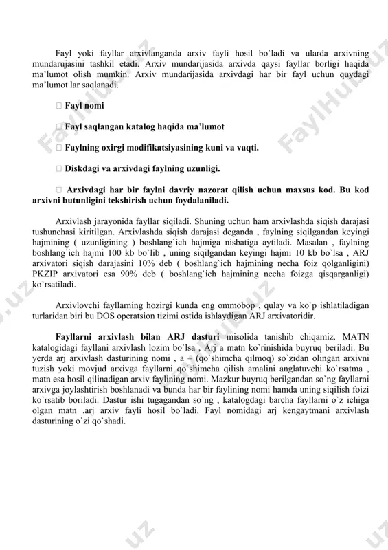 sa 90% deb ( boshlang`ich hajmining necha foizga qisqarganligi) ko`rsatiladi. arxivlovchi fayllarning hozirgi kunda eng ommobop , qulay va ko`p ishlatiladigan turlaridan biri bu dos operatsion tizimi ostida ishlaydigan arj arxivatoridir. fayllarni arxivlash bilan arj dasturi misolida tanishib chiqamiz. matn katalogidagi fayllani arxivlash lozim bo`lsa , arj a matn ko`rinishida buyruq beriladi. bu yerda arj arxivlash dasturining nomi , a – (qo`shimcha qilmoq) so`zidan olingan arxivni tuzish yoki movjud arxivga fayllarni qo`shimcha qilish amalini anglatuvchi ko`rsatma , matn esa hosil qilinadigan arxiv faylining nomi. mazkur buyruq berilgandan so`ng fayllarni arxivga joylashtirish boshlanadi va bunda har bir faylining nomi hamda uning siqilish foizi ko`rsatib boriladi. dastur ishi tugagandan so`ng , katalogdagi barcha fayllarni o`z ichiga olgan matn .arj arxiv fayli hosil bo`ladi. fayl nomidagi arj kengaytmani arxivlash dasturining o`zi qo`shadi. 3. fayl tizimlaari: fat16, fat32, exfat, ntfs, apfs. ushbu maqolada asosiy e'tibor kompyuter fayl tizimlariga qaratiladi. bu bizning qattiq diskimiz yoki …