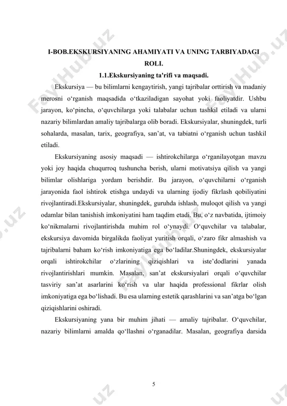 im va tajribalar bilan boyitishdir.umuman olganda, ekskursiya — bu o‘rganish jarayonining muhim qismi bo‘lib, u o‘quvchilarga nazariy bilimlarni amaliyot bilan birlashtirish imkoniyatini beradi. bu esa ularning bilim olish motivatsiyasini oshiradi va o‘rganish jarayonini yanada qiziqarli qiladi.kelajakda ekskursiyalarni tashkil etishda, ularning ta’sirini yanada kuchaytirish maqsadida, zamonaviy texnologiyalarni qo‘llash, interaktiv faoliyatlarni o‘tkazish va tajribali mutaxassislarni jalb qilish muhim ahamiyatga ega. bu, o‘z navbatida, o‘quv jarayonini yanada samarali va qiziqarli qilish imkonini beradi.ekskursiyalar, shuningdek, o‘quvchilarning o‘zaro aloqalari va jamoaviy ish ko‘nikmalarini rivojlantirishda ham muhim rol o‘ynaydi. bunday faoliyatlar, o‘z navbatida, o‘quvchilarning kelajakdagi professional hayotlarida ham foydali bo‘lishi mumkin. shu sababli, ekskursiya — bu nafaqat o‘quv jarayonining ajralmas qismi, balki shaxsiy va ijtimoiy rivojlanish uchun ham muhim imkoniyatdir. har bir ekskursiya, o‘quvchilarga yangi bilimlar berish bilan birga, ularning shaxsiy qobiliyatlarini rivojlantirishga ham xizmat qiladi.ekskursiya — bu o‘rganish jarayonining qiziqarli va samarali shakli bo‘lib, u o‘quvchilarga yangi tajribalar va bilimlar berishga qaratilgan. bunday faoliyatlar, o‘zaro …