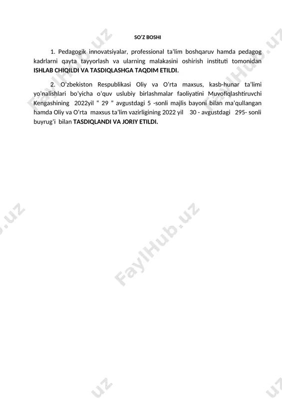 gan talablarni va pirovard maqsadlarini, shuningdek ta’lim oluvchilarning o’quv yuklamalari hajmi va standart talablarini bajarilishi nazoratini belgilaydi. malaka talabi ta’lim oluvchilarning kasbiy tayyorgarligi sifati va kasbiy kompetentsiyasini baholashdahamda ta’lim muassasalarini attestatsiyadan o’tkazishda asosiy mezon hisoblanadi. mazkur talablarning bajarilishi professional ta’lim muassasalarining bitiruvchilariga professional ta’limning tegishli darajasini olganligi to’g’risida davlat namunasidagi hujjat berilishi uchun asos hisoblanadi. malaka talabi ta’limni boshqarish davlat organlari va ta’lim faoliyati subektlari tomonidan, idoraviy bo’ysunuvi va mulkchilik shakllaridan qat’iy nazar, tadbiq etilishi majburiydir. ushbu malaka talabi ishlab chiqarish ta'limi ustasi lavozimining kasbiy standarti va tarmoq tarif-malaka ma’lumotnomalari asosida ishlab chiqildi. 2. kasbiy ta’lim xususiyati 5.11.03.01 - ishlab chiqarish ta'limi (tarmoqlar bo’yicha) mutaxassisligi doirasida beriladigan kvalifikatsiyalar: 1. ishlab chiqarish ta’limi ustasi (elektr energetika) 2. texnik 3. texnik-texnolog 5.11.03.01 - ishlab chiqarish ta'limi (tarmoqlar bo’yicha) 2.1. kamida umumiy o’rta ma’lumotga ega bo’lgan hisobidan shakllantirilgan guruhlarda tanlangan kvalifikatsiyalar sonidan kelib chiqib o’qish muddati belgilanadi. bu guruhlarda kasb doirasida beriladigan kvalifikatsiyalardan …