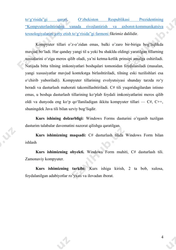 atlar mujassamlashtirilgan. natijada 1980 yillardan boshlab s strukturaviy dasturlash tillari orasida eng koʻp foydalaniladiganlaridan biri boʻlib qoldi. biroq, dasturlashning rivojlantirish choralariga koʻra bundanda kattaroq dasturlarni qayta ishlash muammosi kelib chiqmoqda. loyiha kodi maʼlum bir hajmga yetgan zahoti (uning raqamli ahamiyati dastur, dastur tuzuvchi, foydalanilgan instrumentlarga bogʻliq boʻladi, lekin taxminan 5000 satr kodlari nazarda tutilayapti) s-dasturlarini tushunish va kuzatib borishda qiyinchiliklar yuzaga keladi.c #-microsoft tomonidan ishlab chiqilgan va 2002-yilda chiqarilgan umumiy maqsadli obyektga yo’naltirilgan dasturlash tilidir. java-ning sintaksisiga o'xshash. c # ning maqsadi, kompyuter vazifani bajarish uchun bajaradigan bir qator operatsiyalarni aniq belgilashdir.bugungi kunda c # nafaqat windows dasturlash tilidir, balki veb-ilovalarni, windows do'kon dasturlarini, ios va androidni o'z ichiga olgan mobil ilovalarni yaratish uchun ishlatilishi mumkin bo’lgan tildir. c # bundan ham ko'proq narsani amalga oshirishi mumkin. muhtaram prezidentimiz i. a. karimovning ― yoshlarimiz bizdan ko‘ra kuchli bilimli dono va albatta baxtli bo‘lishlari shart ― ,,o‘zbekiston kelajagi yoshlar qo‘lida” degan …