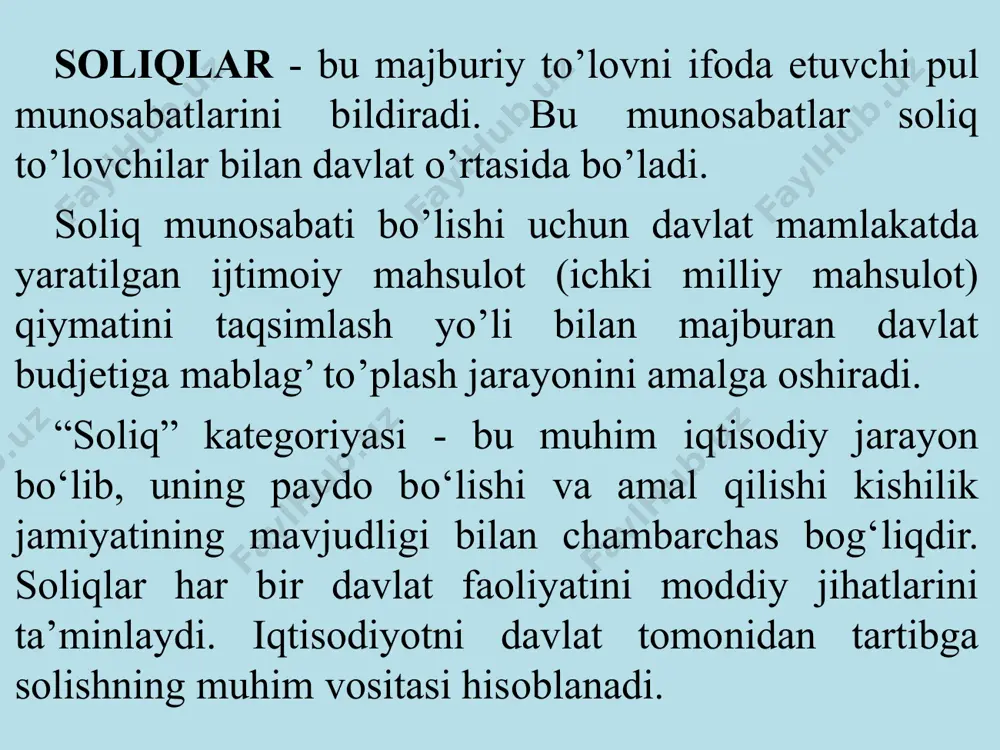l munosabatlari soliq to‘lovchilar (yuridik va jismoniy shaxslar) bilan soliqni o‘z mulkiga aylantiruvchi (soliq oluvchi) davlat o‘rtasidagi munosabatlardir. soliqlar va soliqqa tortish fanining predmeti soliq munosabatlarini (harakatini) o‘rganishdir. fanning mohiyati shu o‘rtadagi moliyaviy munosabatni ya’ni soliq to‘lovchi bilan davlat o‘rtasidagi munosabatni chuqur o‘rganish, soliq munosabatlarida qatnashuvchi tomonlarning iqtisodiy manfaatini e’tiborga olish, muvozanatni saqlash kabi munosabatlarni tashkil qilish tushuniladi. bu muvozanatni saqlashda, tomonlar adolatlilik tamoyiliga amal qilish zarur. fanning predmetini chuqur o‘rganish shuni ko‘rsatadiki, munosabatlarda bir tomonlama zo‘ravonlik munosabati bo‘lguday bo‘lsa, ikkinchi tomon unga javoban o‘z daromadlari, boshqa soliq ob’ektlarini har xil yo‘llar bilan yashiradi. bunday hollarda, har qanday huquqiy hujjatlarning ham kuchi etmay qolishi mumkin. daromadlarni soliq sub’ektlarini yashirish holati ham munosabatlarni buzadi. demak, soliq nazariyasi fanini chuqur o‘rganish orqali amaliyotda soliq tushumlari rejalarini muvaffaqiyatli bajarish vazifasiga ham erishish mumkin. fanning vazifasi soliq mutaxassisi va boshqa soliq idoralari xodimlarini nazariy jihatdan qurollantirish hamda amaliyotda adashmaslik uchun yo‘l - yo‘riqlar ko‘rsatishdan …