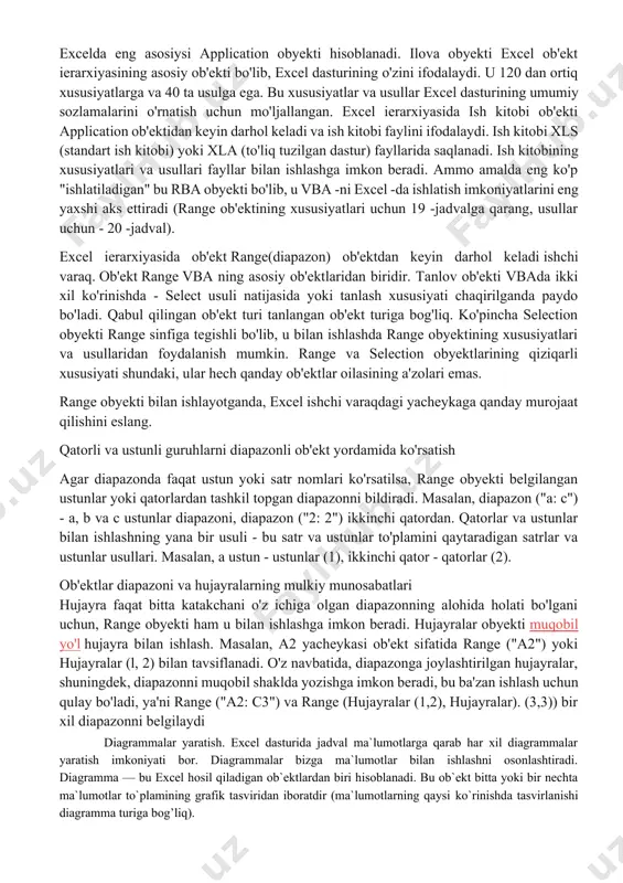 bo'lgani uchun, range obyekti ham u bilan ishlashga imkon beradi. hujayralar obyekti muqobil yo'l hujayra bilan ishlash. masalan, a2 yacheykasi ob'ekt sifatida range ("a2") yoki hujayralar (l, 2) bilan tavsiflanadi. o'z navbatida, diapazonga joylashtirilgan hujayralar, shuningdek, diapazonni muqobil shaklda yozishga imkon beradi, bu ba'zan ishlash uchun qulay bo'ladi, ya'ni range ("a2: c3") va range (hujayralar (1,2), hujayralar). (3,3)) bir xil diapazonni belgilaydi diagrammalar yaratish. excel dasturida jadval ma`lumotlarga qarab har xil diagrammalar yaratish imkoniyati bor. diagrammalar bizga ma`lumotlar bilan ishlashni osonlashtiradi. diagramma — bu excel hosil qiladigan ob`ektlardan biri hisoblanadi. bu ob`ekt bitta yoki bir nechta ma`lumotlar to`plamining grafik tasviridan iboratdir (ma`lumotlarning qaysi ko`rinishda tasvirlanishi diagramma turiga bog’liq). diagrammani yaratishdan oldin jadvalni tayyorlashimiz, belgilangan sohaga kerakli qiymatlarni kiritishimiz kerak. jadval tayyor bo`lgandan keyin, jadval ma`lumotlari sohasini sichqoncha bilan belgilab olamiz, aks holda diagramma yoki grafikni yasay olmaymiz. so`ngra “вставка” lentasining “диаграммы” guruhidan kerakli diogrammalardan birini tanlaymiz. masalan, “рекомендуемые диаграммы” ni …