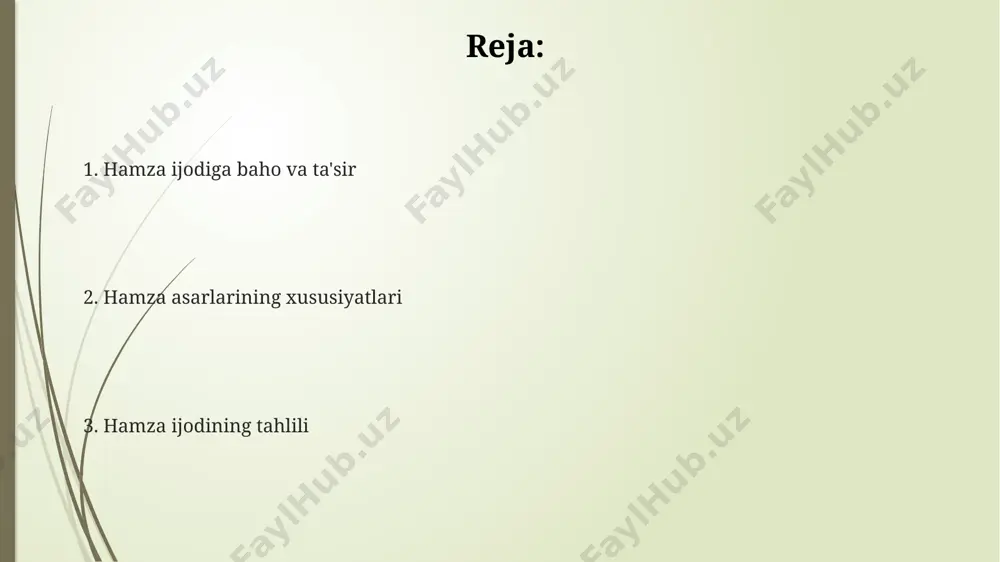uchli aks etadi, samarqand, buxoro kabi shaharlarning obrazlari orqali milliy g‘urur va ozodlik tuyg‘ularini ifoda etadi. hamza 5 ta turli texnikada (suv rangi, qalam, tempera va boshqalar) vatan mavzusidagi asarlar yaratgan bo‘lib, ularning 10 tasi hozirda toshkentdagi san'at muzeylarida saqlanadi. uning 20 dan ortiq asarida vatan tabiatining go‘zalligi – farg‘ona vodiysining serquyosh dalalari, amu-daryoning ulug‘vorligi tasvirlangan bo‘lib, bu orqali 3 ta asosiy rang – yashil, ko‘k va jigarrang ustunlik qiladi. hamza ijodining davri hamza 1480-yillardan boshlab taxminan 50 yildan ortiq davom etgan boy va sermahsul ijod yo'lini bosib o'tgan, bu davrda u turli janrlardagi ko'plab asarlar yaratgan. hamzaning miniatyura san'atiga qo'shgan hissasi beqiyos bo'lib, uning 16-asr miniatyura maktabining rivojlanishiga ta'siri katta, ayniqsa, safaviylar davrida herat va tabriz shaharlarida sezilarli bo'lgan. hamza ijodining choʻqqisi 15-asrning 2-yarmi va 16-asrning boshlariga toʻgʻri keladi, bu davrda u herat shahrida faol ijod qilgan va oʻzining noyob uslubini shakllantirgan. hamza ijodidagi lirika hamza ijodida 1920-yillardagi toshkent …
