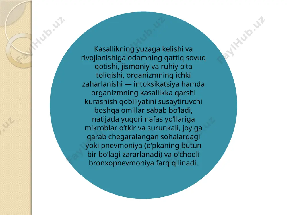 t tishcha va st intervalining pasayishi, ii va iii ulanishlarda amplitudasi baland b¢lgan r tishcha paydo b¢lishi instrumental tekshiruvlar. zotiljam bilan xomiladorlarni olib borish taktikasi. davolashning tarkibiy qismlari: zotiljamga shubxa qilingan barcha homiladorlarni kasallikni og‘ir kechishi va noxush natijaga o‘tib ketish extimoli yuqoriligi sababli 2-3 darajali statsionarga gospitalizatsiya qilinishi kerak 1. antibakterial terapiya; 2. virusga qarshi terapiya; 3. respirator qo‘llab-quvvatlash; 4. gemodinamik parametrlar korreksiyasi; 5. simptomatik terapiya. markaziy pnevmoniya (i tipdagi pnevmokokk bilan chaqirilgan pnevmoniya. reanimatsiya va intensiv terapiya bo‘limiga gospitalizatsiya qilish ko‘rsatmasini aniqlovchi sh mezonlari. «kichik» mezonlar: nafas chastotasi > 30/min.; • pao2/fio2 ≤ 250; multilobar infiltratsiya; • es-xushning buzilishi; uremiya: mochevina qoldiq azoti ≥ 20 mg/dl (mochevina qoldiq azoti = mochevina, mmol/l / 2,14) • leykopeniya (leykotsitlar < 4 ming/mkl);trombotsitopeniya (trombotsitlar < 100 ming/mkl; • gipotermiya (36°sdan past)• intensiv infuzion terapiyani talab qiluvchi arterial gipotenziya homiladorlikning 1-trimestrida zotiljamni davolashda ishlatiladigan amp: •penitsillinlar guruhi: - penitsillin, amoksitsillin; - himoyalangan …