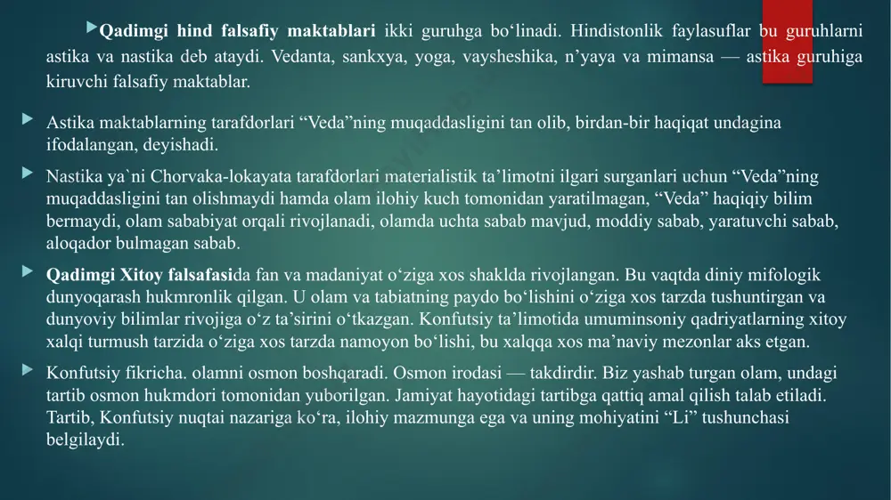 iyo mamlakatlarini aleksandr makedonskiy zabt etgach, 12 ming qaramol terisiga tillo harflar bilan bitilgan ushbu nodir to’plamni yunonistonga olib ketadi. zardushtiylik ta‘limotining markaziy g’oyasi olam bilan odam o’rtasidagi aloqadorlik jarayoni tahliliga qaratilganligi edi. bu ta‘limotga ko’ra, olam borlig’i odam borlig’i bilan bevosita aloqador. odamzod tuproqda vujudga kelib, tuproqqa qaytishi lozim, degan nuqtai nazar zardushtiylik ta‘limotidagi eng muhim g’oyalardan biridir. zardushtiylik ta‘limotiga ko’ra, olam biri-ikkinchisiga qarama-qarshi kuchlar, xususan yaxshilik bilan yomonlik, rostlik bilan yolg’on, yorug’lik bilan zulmat orasidagi kurashga asoslangan. ijtimoiy munosabatlar taraqqiyoti natijasida zardushtiylik ta‘limoti zaminida vujudga kelgan moniy ta‘limotidir. moniy ta‘limotining asoschisi o’sha davrning yirik bilimdoni moniy ibn fatak (216-276) yillarida o’zining qarashlarini targ’ib qilishga erishgan. moniy ta‘limoti zardushtiylikning yaxshilik va yomonlik ta‘limotiga asoslangan, keng xalq ommasi manfaatiga mos kelar edi. shuning uchun o’sha davrdagi xukmron mafkuraning noroziligiga duchor bo’ldi, va xukmron ruhoniylar tomonidan qoralanib, uning asoschisi moniy jazolandi. xullas, eron va turonda qadamiy madaniyat markazlaridan biri bo’lib, bu …
