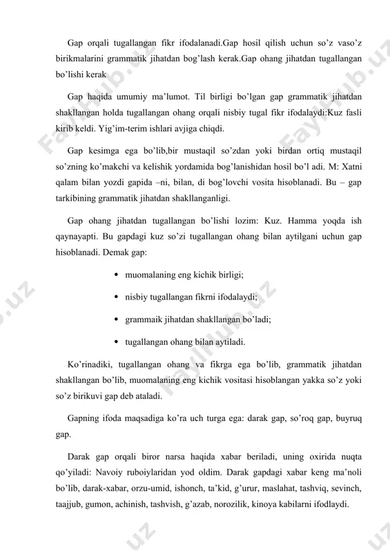 bunday gap so’roqqa javob bo’luvchi so’zni talb qiladi), so’roq yuklamasi (-mi, chi, a, ya, ) yoki so’roq ohangi bilan hosi; bo’ladi. bu xil gap ha yoki yo’q degan javobni talab qiladi. quyidagi misolda so’roq ohangi so’roq vositasi sifatida qatnashgan: soat ikki bo’ldi. ikki bo’ldi? so’roq gap ikkiga bo’linadi: 1. sof so’roq gap javob talab qiladi: siz ertaga kelasizmi? 2 ritorik so’roq gap javob talab qilmaydi, javobi o’zida yashiringan va barcha uchun ma’lum bo’ladi: men uning to’satdan kelib qolishini qaydan bilay? ritorik so’roq gap quyidagi ma’nonin ifodalashi mumkin. · “tasdiq”-bu vatanda nimalar yo’q ?! · “inkor”-o’zingdan chiqqan baloga, qayga borasan davoga?! · “taajjub”-bu nimasi?! · “tashvish”-meni tashlab ketmaysanmi?! · “g’azab”maqsad nima,maqsad?! · “gumon”-paxta ham yaxshi ochilmagandir? · “kuchli hayajon ”-tokaygacha ezilamiz,ota?! buyruq gapda suhbatdoshni nimadir qilashga undash maqsad qilib qo’yiladi . bunday gapda iltimos, buyruq, taklif,maslahat, hayratlanish, tashviq, gumon, tashvish, hayajon, gazab, yalinish tarzida bo’lishi mumkin: · “maslahat”-avval o’yla, keyin so’yla. …