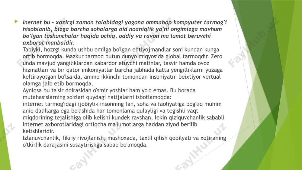 ruv tizimining o'rni beqiyos. o'zingizga kerakli barcha ma'lumotlarni shu kabi biron bir saytning “izlash” katakchasiga yozib, chiqarilgan ko'pgina ma'lumotlar ichidan o'zingizga keraklisini tanlab olaverasiz yoki ma'lum bir saytning manzili yodingizdan ko'tarildimi, yana o'sha qidiruv sistemalari yordamga keladigan saytga aloqador kalit so'zlarini terasiz va qarabsizki o'sha sayt qarshingizda namayon bo'ladi. internet tarmog'ida: yahoo, google, ref.uz singari yana boshqa nomlar bilan ataluvchi qidiruv tizimlari mavjud. yuqoridagi qidiruv dasturlari haqida batafsil va umumiy ta'rif berishda ularni biror bir tizim orqali masalan, google tizimini tushuntirish maqsadga muvofiq bo'ladi. bu kompaniya internetdagi yetakchi qidiruv tizimi hisoblanadi, dunyo bo'ylab tarmoq foydalanuvchilarning o'ntadan yettitasi u yoki bu ma'lumotlarni topish ilinjida aynan mana shu saytga murojat qilishadi. tizim har kuni 50 mlionga yaqin so'rovlarni qabul qiladi, sakkiz milyardlab veb-sahifalarni ideksatsiya qiladi. u 101 tildagi axborotni izlab topishi mumkin. keyingi yillarda butun dunyo internet foydalanuvchilari orasida keng ommalashib borayotgan google tizimi 1998 – yil sentyabrda ishga tushgan. hozirda bu …