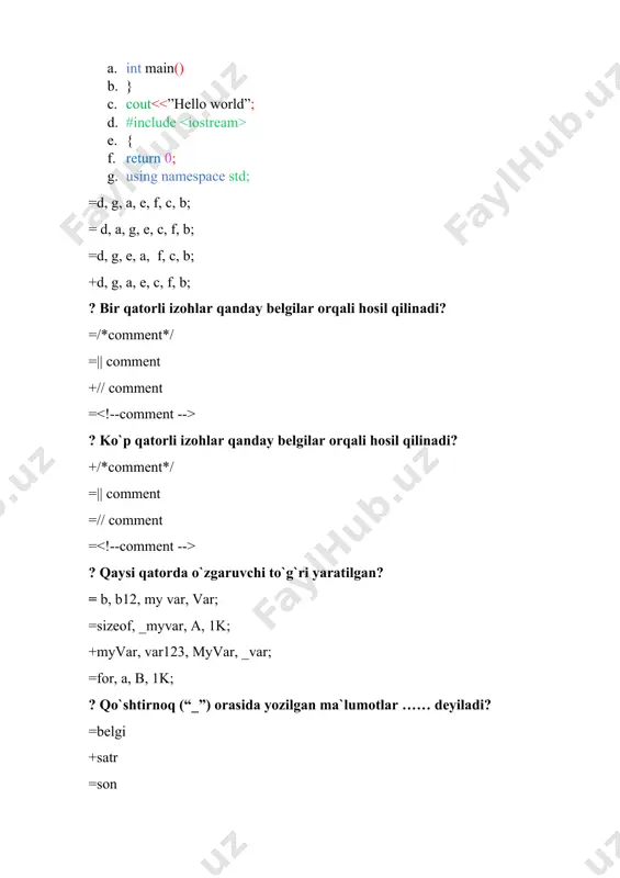 iga =binar amaliga =amallarga kirmaydi =unar va binar amaliga ? #include qaysi kutubxonani chaqiradi? = ma’lumotlarni saqlash uchun = fayllarni o‘qish uchun + konsol bilan ishlash uchun = grafik interfeys yaratish uchun ?c++ dasturlash tilida operand sifatida ko`rsatilgan obektning baytlarda xotiradagi hajmini hisoblash qaysi amalda amalga oshiriladi? +sizeof =mantiqiy =nisbat =shartli ?c++ dasturlash tilida darhol siklni bajarilishini to’xtatib va boshqaruvni keyingi operatorga uzatadigan operator bu-? +break =go to =while =for ? quyidagi kod natijasi qanday bo‘ladi? #include using namespace std; int main() { cout using namespace std; int main() { int x = 5; cout using namespace std; int main() { int a = 6, b = 3; cout using namespace std; int main() { int a = 6, b = 10; cout using namespace std; int main() { int a = 9, b = 3; cout (teng emas), =(kata emas) =+(qo’shish),-(ayirish),*(ko’paytirish),/(bo’lish) =!(undov),%(foiz),&(ampersant),$(dollar), ? quyidagi kodning natijasi qanday bo‘ladi, agar …