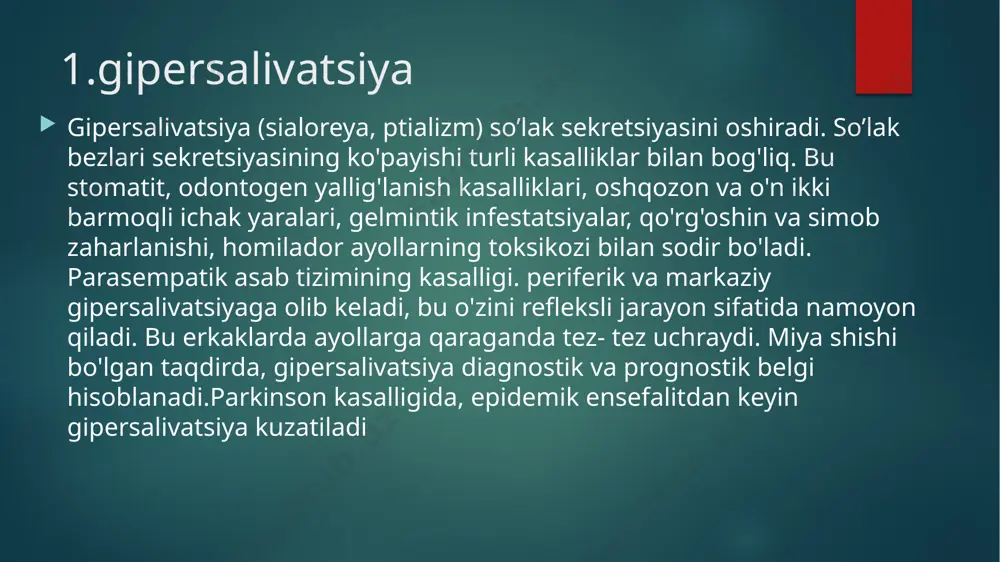 so lak bezini ugalab biron tomchi so lak chigarib bolmaydi. bunday bemorlarda kataral gingivit, glossit, surunkali parenximatoz parotit va shegren kasalligiga xos belgilarni kuzatish mumkin. so'lak chigishini pilokarpin bilan ham kuchaytirib bo lmaydi. sitologik tekshiruvda so lak surtmasida ko'p miqdorda har xil hujayralar, shular gatorida kubik epitelial hujayralar ham kuzatiladi. davolash kasallikning boshlangich davrida so lak bezining kuchaytirish magsadida kaliy yodini elektroforez yoki galvanizatsiya (har kuni jami 30 rivojining songi (otayozgan) davida, so'lak bezi sohasiga novokain protsedura) kasallik avjga chiggan va galvanizatsiyasini o'kazish kerak, galantamin 0,5% eritmasi 1 ml 30 eritmasi bilan blokadalar (haftasiga 2 marta jami 10 protsedura) va kj marta buyuriladi. mahalliy davo sifatida og iz shilliq pardasiga lizotsim critmasi, o'simlik: yog larini suritish tavsiya gilinadi. shegren kasalligi[sindromi] klinik kechishi. bemorlar odatda og'iz qurishiga, so`lak bezlarining kattalashishiga, umumiy xolsizlikka, tez charchashga, ayrim bemorlar ko'z shilliq pardasining ko`rishiga, yoruqdan qo'rquvga, ko`z ichida qum borligiga, keyinchalik, quloq oldi bezi shishiga …