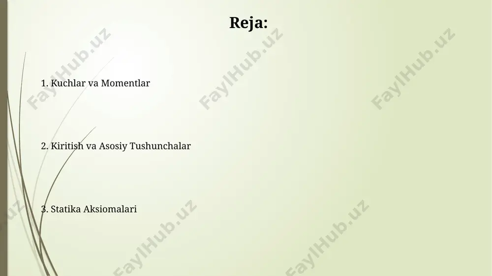 momentlarning algebraik yig'indisi nolga tengligi (∑m=0) kabi 2 ta muhim tenglamalar keltiriladi. kiritish mexanikada jismlarning muvozanat holatini o'rganuvchi statika bo'limining muhim ahamiyatga ega bo'lgan 3 ta asosiy aksiomasini o'z ichiga oladi: kuchlarning teng ta'sir qiluvchanligi, kuchlarning qo'shilishi va harakatsizlanish aksiomalari. dinamika asoslari “dinamika asoslari” kursi, mexanikaning 3 ta asosiy qonunini – nyutonning 1, 2 va 3-qonunlarini chuqur o'rganishni o'z ichiga oladi va ularning turli muammolarga qo'llanilishini ko'rsatadi. kursda jismlar harakatining tenglamalarini tuzish va yechish usullari, shuningdek, 5 dan ortiq turdagi mexanik energiya turlarini hisoblash usullari o'rgatiladi. kuchlarning teng ta’siri kuchlarning teng ta’siri printsipi, 2n va 3n kuchlar bir xil yoʻnalishda qoʻllanilsa, ularning natijaviy ta’siri 5n ga teng boʻlishini ta’kidlaydi. bu parallel kuchlar uchun ham qoʻllaniladi. kuchlarning teng ta’siri jismlarga qoʻllanilgan ikki yoki undan ortiq kuchlarning natijaviy ta’siri ularning geometrik yigʻindisiga teng boʻladi, agar bu kuchlar bir nuqtaga qoʻllanilsa va 3 oʻlchamli vektor sifatida ifodalanilsa. statikaning asosiy aksiomalari uchinchi aksioma esa, …