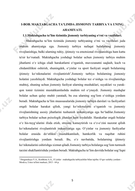 r va mashg‘ulotlar orqali bolalar o‘zlarining kuchli tomonlarini aniqlash va rivojlantirish imkoniyatiga ega bo‘lishlari kerak. shuningdek, jismoniy tarbiyani o‘qitish jarayonida ota-onalar va ta'lim muassasalari o‘rtasida hamkorlik muhim ahamiyatga ega. ota-onalar bolalarining jismoniy faoliyatda ishtirok etishini rag‘batlantirishlari, ularni sport bilan shug‘ullanishga undashlari va sog‘lom turmush tarzini shakllantirishga yordam berishlari lozim. maktabgacha taʼlim muassasalari esa ota-onalar bilan birgalikda bolalarning jismoniy tarbiyasini rivojlantirishga qaratilgan dasturlarni amalga oshirishlari kerak. jismoniy tarbiyaning boshqa bir muhim vazifasi — bu bolalarda o‘z-o‘zini baholash va ishonchni shakllantirishdir. jismoniy faoliyat orqali bolalar o‘z muvaffaqiyatlarini ko‘rish, qiyinchiliklarni yengish va yangi maqsadlarga erishish imkoniyatiga ega bo‘ladilar. bu, o‘z navbatida, bolalarda o‘z-o‘ziga ishonchni oshiradi va ularning shaxs sifatida rivojlanishiga yordam beradi.maktabgacha taʼlim tizimida jismoniy tarbiyaning o‘rni va vazifalari juda keng va murakkab. jismoniy tarbiya bolalarning jismoniy, ruhiy va ijtimoiy rivojlanishida muhim rol o‘ynaydi. ta'lim muassasalari bolalar uchun to‘g‘ri jismoniy tarbiya dasturlarini ishlab chiqish va amalga oshirish orqali ularning sog‘lom, baxtli va muvaffaqiyatli …