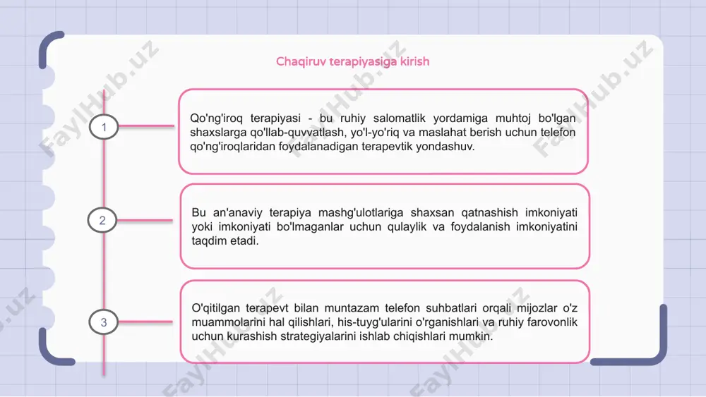 iylik muammolari va og'zaki bo'lmagan signallarning etishmasligi kabi muammolarga duch keladi. ta'lim va texnologiyani qo'llab-quvvatlash ushbu to'siqlarni engib o'tishga yordam beradi. yana bir qiyinchilik - telefon seanslari davomida mijozlarni jalb qilish va motivatsiyani saqlab qolish. muntazam tekshiruvlar va shaxsiylashtirilgan yondashuvlar chaqiruv terapiyasi aralashuvi samaradorligini oshirishi mumkin. bundan tashqari, telefon orqali terapiya seanslarini o'tkazishda ma'lumotlar xavfsizligi va maxfiyligini ta'minlash juda muhimdir. qoidalarga va shifrlash protokollariga rioya qilish potentsial xavflarni kamaytirishi mumkin. 1 2 3 qo'ng'iroq terapiyasining kelajakdagi tendentsiyalari qo'ng'iroq terapiyasi telefon orqali qulay va arzon maslahat xizmatlarini taqdim etish orqali ruhiy salomatlik xizmatida inqilob qilmoqda. texnologiyadagi yutuqlar terapiya seanslarini yaxshilash uchun sun'iy intellekt va virtual haqiqatdan foydalangan holda chaqiruv terapiyasining kelajakdagi tendentsiyalarini rivojlantirmoqda. qo'ng'iroq terapiyasining tobora ommalashib borishi ruhiy salomatlik xizmatlaridan foydalanish imkoniyatini oshirishi va yordam so'rash bilan bog'liq stigmani kamaytirishi kutilmoqda. qo'ng'iroq terapiyasi bo'yicha savol-javob sessiyasi mutaxassislar telefon orqali terapiyaning afzalliklari va samaradorligini muhokama qiladigan qo'ng'iroq terapiyasi bo'yicha ma'rifiy savol-javob …