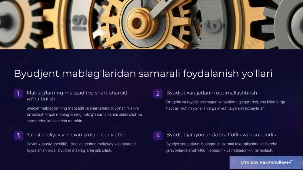ovatsion yechimlarni joriy etish 3 yangi moliya mexanizmlari davlat-xususiy sheriklik, lizing va boshqa moliyaviy vositalardan foydalanish 4 tizimni takomillashtirish byudjet xarajatlarini boshqarish tizimini takomillashtirish 9 xulosalar va takliflar davlat byudjetining iqtisodiyotni tartibga solishdagi rolini oshirish uchun bir qator chora-tadbirlar amalga oshirilishi lozim. byudjet sarflarining iqtisodiy samaradorligini oshirish, byudjet tarkibidagi muammolarni bartaraf etish, byudjet mablag'laridan samarali foydalanish yo'llarini joriy etish, byudjet jarayonlarini takomillashtirish, xarajatlarni optimallashtirish, mablag'larning maqsadli va shart-sharoitli yo'naltirilishini ta'minlash, byudjet tizimining moliyaviy-iqtisodiy samaradorligini baholash kabi yo'nalishlar asosiy ustuvor vazifalar sifatida belgilanishi maqsadga muvofiq. 10 image1.png image2.png image3.png image4.png image5.png image6.png image7.png image8.png image9.png image10.png image11.png image12.png image13.png image14.png image15.png image16.png