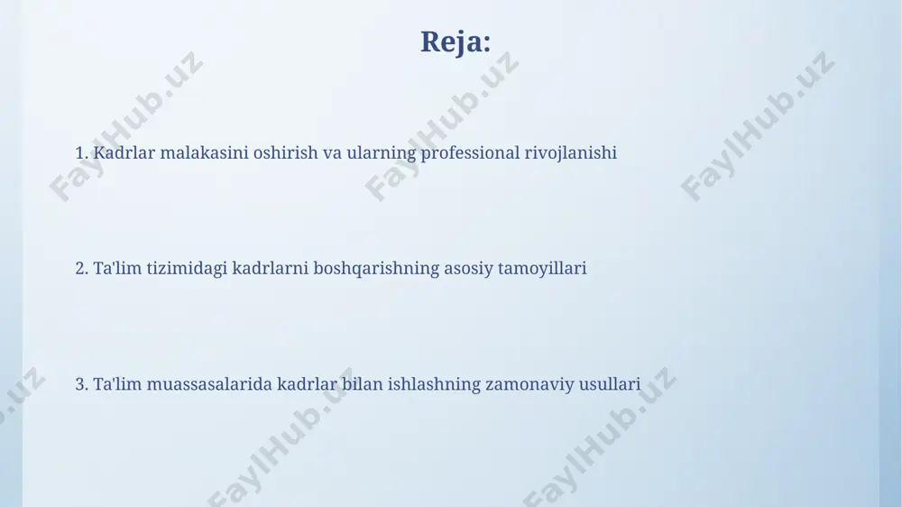 baholashda kuzatuv, testlar, portfolio va o'quvchilarning fikr-mulohazalari kabi kamida 4 ta turli baholash usulini birlashtirish ob'ektiv baholashni ta'minlaydi. o'qituvchilarni rag'batlantirishda 30%ini o'quvchilarning yutuqlari, 40%ini o'qituvchining professional rivojlanishi va 30%ini maktabdagi faoliyati baholash mezonlari sifatida qo'llash samarali natijalar beradi. o'qituvchilarning malakasini oshirish va qayta tayyorlash malaka oshirish dasturlari davlat ta'lim standartlariga muvofiq bo'lishi va kamida 120 soatlik nazariy va amaliy mashg'ulotlardan iborat bo'lishi shart. o'qituvchilarning kamida 70%i har 5 yilda bir marta malaka oshirish kurslaridan o'tishi kerak, bu esa ularning pedagogik kompetentsiyasini oshirishga xizmat qiladi. ta'lim muassasalarida mehnat munosabatlarini tartibga solish mehnat nizolari yuzaga kelganda, ularni hal qilish uchun maxsus komissiya tuziladi va 10 kun ichida tegishli qaror qabul qilinadi. o'qituvchilarning ish haqi va qo'shimcha to'lovlar miqdori ularning malaka toifasi, pedagogik staji va o'qitish sohasiga qarab 1,5-2,5 baravar farq qilishi mumkin. e'tiboringiz uchun rahmat @taqdimot_robot image4.png image5.jpg image6.jpg image7.jpg image8.jpg image9.jpg image10.jpg image11.jpg image3.jpeg