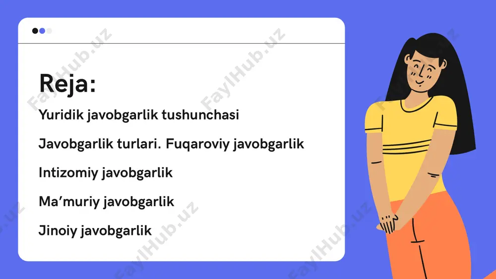 idalariga rioya etmaslik, tuhmat, haqorat qilish (agar birinchi marta sodir etilgan bo`lsa va boshqalar) misol uchun, a isimli shaxs o`zining avtomobilida 60 tezlikkacha yurish mumkin bo`lgan hududda 75 tezlikda yurayotgan vaqtida yo`l patrul xizmati xodimi tomonidan to`xtatilib, unga nisbatan ma’muriy bayonnoma tuzdi va ma’muriy javobgarlik to`g`risidagi kodeks 128.3 –moddasiga binoan bazaviy hisoblash miqdorining bir baravari miqdorida jarima tayinladi. jinoiy javobgarlik – jinoyat kodeksi bilan taqiqlangan qilmishlarni sodir etish natijasida kelib chiqadi. masalan, badanga shikast yetkazish, odam o`ldirish, o`g`rilik, firibgarlik, odam savdosi, nomusga tegish va boshqalar. misol uchun, a isimli shaxs o`zining do`sti b bilan janjallashib qoldi. janjal kuchayib mushtlashuvga aylandi va a do`sti b ning qattiq zarb bilan urgan mushti natijasida yerga yiqilib tushdi. shu payt atrofdagilar a ning ustidan kulishni boshlashdi. bu holatdan juda qattiq g`azablangan a yonida o`zi bilan olib yuradigan pichog`ni olib b ning qorin qismiga 2 martta suqib oldi. natijada b voqea joyida vafot etdi. mazkur …