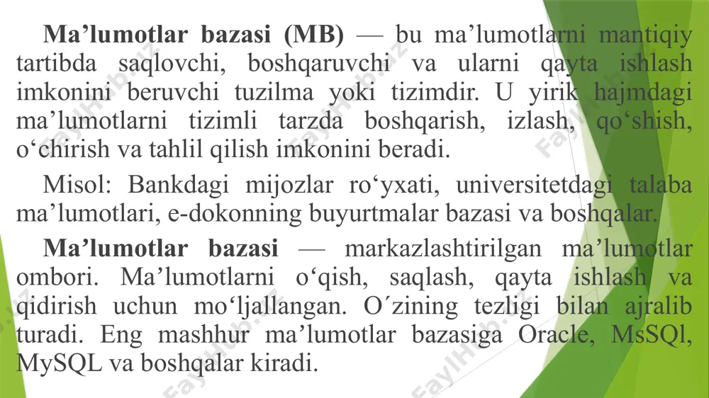 artiblangan ma’lumotlar to‘plamidir. hozirgi kunda ma’lumotlar bazalari bank sohasidan tortib, sog‘liqni saqlash, ta’lim va savdoga qadar turli sohalarda muhim rol o‘ynaydi. ular katta hajmdagi ma’lumotlar bilan samarali ishlashni ta’minlab, jarayonlarni optimallashtirish va samaradorlikni oshirishga yordam beradi. ma’lumotlar bazasining asosiy maqsadi – ma’lumotlarni tartibga solish va markazlashtirilgan holda saqlash, bu esa ularni qayta ishlashni osonlashtiradi. masalan, relatsion ma’lumotlar bazalarida ma’lumotlar jadvallarda saqlanadi, bunda satrlar yozuvlarni, ustunlar esa atributlarni ifodalaydi. biroq, ma’lumotlarni tashkil qilishning boshqa ko‘plab usullari mavjud, masalan, nosql tizimlari, ular standart bo‘lmagan ma’lumotlar formatlari uchun juda mos keladi. ma’lumotlar bazalari bilan ishlash maxsus dasturiy tizimlar yordamida amalga oshiriladi, bu tizimlarga ma’lumotlar bazalarini boshqarish tizimlari (sübd) deyiladi. masalan, mysql, postgresql va oracle kabi dasturlar ma’lumotlarni yaratish, tahrirlash, tahlil qilish va himoya qilish uchun vositalarni taqdim etadi, bu esa ma’lumotlar bazalaridan foydalanishni qulay va ishonchli qiladi. ma’lumotlar bazasi – ehm xotirasiga yozilgan ma‘lum bir strukturaga ega, o‘zaro bog‘langan va tartiblangan ma‘lumotlar majmuasi …