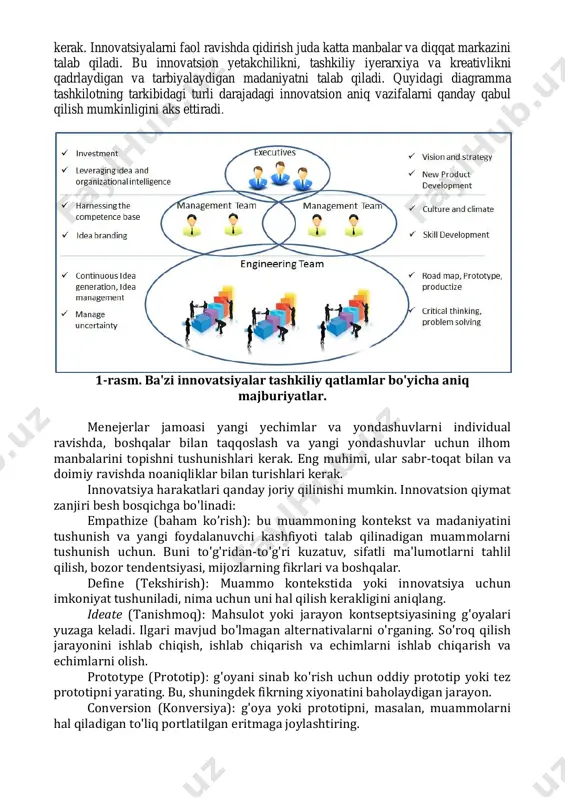 mintaqaviy firmalarning texnologik jarayonlaridagi farq (bilimlar bazasi, texnologik o'zgarishlar tezligi, texnologiyaning tabiati), tashqi bilim yoki ma'lumot manbalariga, masalan, boshqa firmalar, yetkazib beruvchilar va boshqalarga bog'liqlik; texnologik rivojlanish darajasidagi farq haqida. innovatsiyani idrok etishdagi o'zgarishlarni hisobga olgan holda innovatsion jarayonning zamonaviy modellariga misollar bo'lishi mumkin: m.m.andreasen va l.xeyn tomonidan ishlab chiqilgan mahsulotni kompleks ishlab chiqish modeli; f.yansenning "tamo" modeli; j.tiddo va boshqalar tomonidan ishlab chiqilgan innovatsion jarayon modeli; x.chesbroning "ochiq innovatsiya" modeli; a.j.berkhouta va uning hamkasblari tomonidan ishlab chiqilgan innovatsiyaning tsiklik modeli. boshqaruvchilar fikriga ko'ra, innovatsiyalar bugungi talabchan, kompleks va noaniqlikdagi biznesni qo'llab-quvvatlashning yagona asosiy omili hisoblanadi. demak, g'oyalarni rivojlantirish va gullab-yashnashiga imkon beradigan innovatsion madaniyatini yaratish, qiymat qo'shish va tashkilotni o'sish maqsadlariga erishishiga yordam beradi. innovatsiyaga asoslangan tashkilotlarni yaratish uchun innovatsiyalar bo'yicha tadqiqotlar hajmi oshganda, innovatsion boshqariladigan tashkilotlarni yaratish uchun aniq, kelishilgan ko'rsatmalar mavjud emas. ko’rinib turibdiki, diqqat markazda innovatsiyalar uchun va innovatsion qo'llab-quvvatlovchi madaniyatni rivojlantirish uchun innovatsiyalar va tashkiliy …