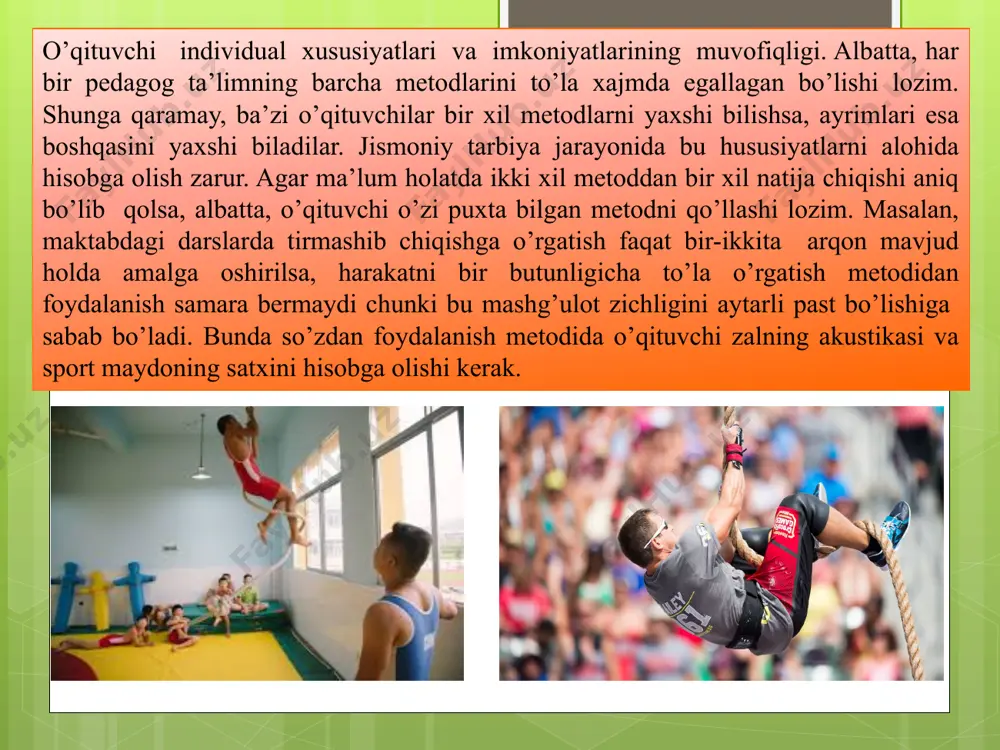 ning o’zaro boliqligini aniqlashdagi zarurligi. ayniqsa, yo’llanma beruvchi mashqlarni bajarishda buni yoddan chiqarmaslik lozim. bunday mashqlar aytarli emotsional bo’lmay, ularni o’zlashti-rilayotgan asosiy harakat faoliyatlari bilan boliqligini anglash kerakligi talab qilinadi. 4. o’qituvchining mashq texnikasi asosini tushuntirish-dagi nutqiga katta ahamiyat berish, asosiy zo’riqish talab qilinadigan daqiqalarini eslatish. odatda bu maqsadda ko’rsat-ma aytish tarzidagi ifoda va iboralar (“qo’llarni”, “boshni”, “aleop”. va h.k.lar)dan foydalaniladi. 5. so’z obrazli bo’lishi kerakligi. obraz vositasida ifodalash mashqin ko’rgazmaliligini oshiradi va o’quvchilarga faoliyatni ancha tushunarli qiladi. o’quvchilar bilimlari va harakat tajribasini hisobga olgan holda, o’qituvchi qo’yilgan vazifalarni bajarish bilan boliq bo’lgan kerakli detallarga o’quvchi diqqatini qaratadi mumkin. 6. o’quvchilarga xali avtomatlashmagan holda bajarayotgan harakatlari haqida (to’zatishga to’ri kelib qolgan paytlardagisi bundan mustasno) gapirish maqsadga muvofiq emas. o’qituvchi o’quvchining avtomatlashgan harakatlari haqida gapirsa, o’quvchi ijro vaqtida harakatni o’sha fazalari ustida o’ylaydi, natijada avtomatlashgan harakatlar tarkibida uzilishlar sodir bo’ladi. foydalanilgan adabiyotlar foydalangan adabiyotlar 1.mahkamdjanov k.m jismoniy madaniyat nazariyasi va metodikasi …