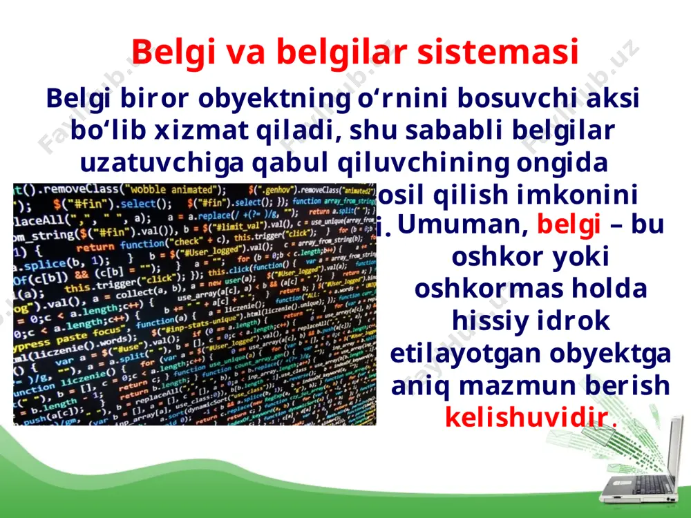 chtasi bilan ifodalanishi mazkur usulning keng qo‘llanilishiga to‘siqlik qilsa, ikkinchi tomondan, uning faqat ikki belgi – nuqta va tiredan iboratligi uni texnik vositalarda qo‘llash imkonini beradi. tartiblangan alifbo usulida har bir harfga 2 ta belgidan iborat kod mos qo‘yilgan. 02 20 06 20 13 07 01 21 14 08 18 18 08 16 masalan, «bugun havo issiq» degan axborot quyidagi ko‘rinishga ega bo‘ladi: bu usulda tinish belgilari va boshqa kerakli belgilarni ham alohida kodlab, matn yozishda foydalanish mumkin. alifbo harflarini kodlashning boshqa usullari ham mavjud. bu aralashtirilgan alifbo usuli deyiladi. havo issiqligi haqidagi yuqoridagi matn bu usulda quyidagi ko‘rinishni oladi: 03 18 14 18 27 34 12 16 17 11 28 28 11 21 bundan mazkur axborotni yuqorida keltirilgan jadvaldagi ma’lumotlarni bilmasdan turib dekodlash juda murakkab ish ekanligini ko‘rish qiyin emas. savol va topshiriqlar: 1. belgi va kelishuvlar haqida ma’lumot bering. 2. kodlash deganda nima tushuniladi? 3. tarixdagi kodlash usullarini …