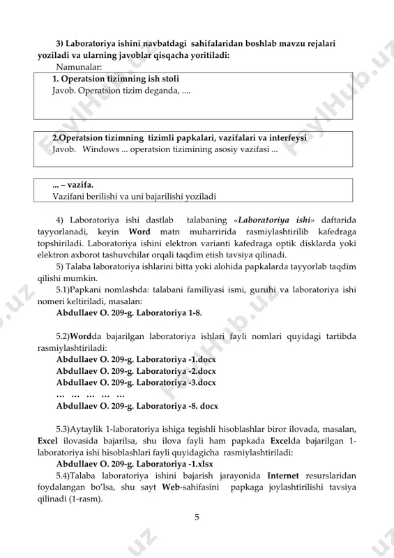 b va o’ng klavishini bosish orqali ochiladigan buyruqlar ro’yxati. 3-savol. windows operatsion tizimida yangi papka qanday tuziladi? javob. istalgan papkani bo’sh joyiga sichqoncha ko’rsatkichi keltirilib, kontekst menyudan создать►папку buyrug’i beriladi. keyin papkaga nom beriladi, masalan, abdullaev o. 209-g. laboratoriya 1-8. 4-savol. word matn muharririda yangi fayl qanday tuziladi? javob. tanlanga papkani bo’sh joyiga sichqoncha ko’rsatkichi keltirilib, kontekst menyudan создать►документ microsoft word buyrug’i beriladi. keyin faylga nom beriladi, masalan, abdullaev o. 209-g. laboratoriya 1. 7 5-savol. word matn muharririda fayl nomi qanday qayta nomlanadi? javob. nomi o’zgartirilishi kerak bo’lgan fayl sichqoncha ko’rsatkichi bilan faolashtiriladi (masalan, abdullaev o. 209-g. laboratoriya 1. fayli) va kontekst menyudan переименоват (qayta nomlash) buyrug’i beriladi. keyin faylni yangi nomi yoziladi (masalan, abdullaev o. 209-g. laboratoriya 2.). fayl nomini tahrirlashda klaviaturadan f3 klavishini bosish orqali ham fayl nomini faollashtirish mumkin. 6-savol. windows operatsion tizimida faylni nusxasini olish va qo’yish qanday amalga oshiriladi? javob. a) fayl nusxasini olish: fayl …
