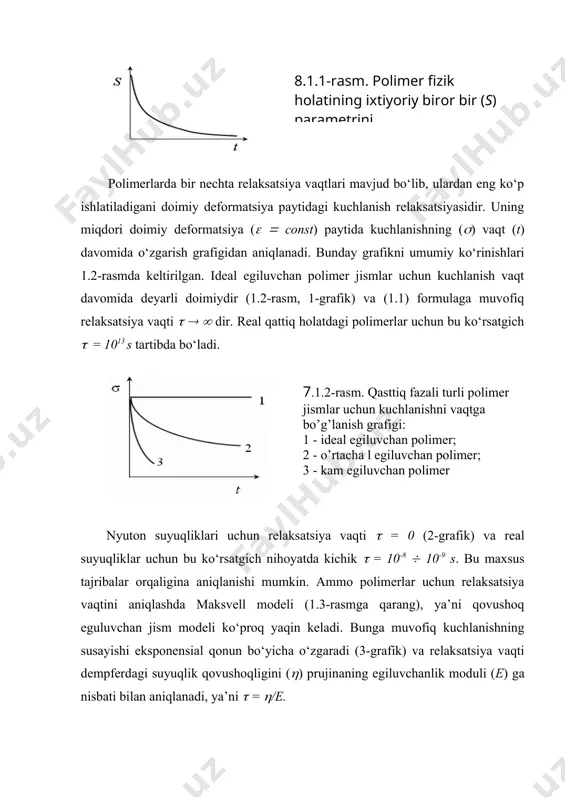 u izoh orientatsion kristallizatsiyaga tegishli emas, chunki unda jarayon hajmiy fazani hosil bo‘lishi bilan amalga oshadi va energiya sarfi kristallanish hisobiga qoplanadi. ammo ko’pchilik polimerlar uchun zanjirlarni yoyilgan va orientirlangan holatda turish tashqi energiya dissipatsiyasini ta’minlab beruvchi maydonni mavjud bo’lishini talab etadi. siljish maydonida bunday energiya bilan ta’minlash jiddiy muammo emas, lekin unda makromolekulalar deyarli yoyilmasdan orientirlanadi va orientirlangalik darajasi yuqori bo’lmaydi. bo’ylama maydonda esa makromolekulalar yuqori darajada yoyilgan va orientirlangan holatga o’tsada, ularning ushbu maydonda bo’lib turish vaqti ancha kichikdir, chunki, bo’ylama maydon faqat kapillayr va tirqichlarning kirish sohasidagina shakllanadi. ushbu sohadan polimer eritmani oqib o’tib ketishi bilan yoyilgan va orientirlangan makromolekulalarga bo’ylama maydon ta’sir etmay qoladi. natijada erishilgan fizik holatni saqlab qolib bo’lmaydi va makromolekulalar relaksatsiyon jarayonlarni namoyon qiladi. orientirlangan zanjirlarni bo’ylama maydon ta’sir etmagandagi dastlabki holatiga qaytishi relaksatsiyon jarayon bo’lib, u kuchli deformatsiyalangan zanjirlar relaksatsiyasi ((f - relaksatsiya vaqti) deyiladi. shunungdek, bo’ylama maydon ta’sir etishida makromolekulalalar keskin …