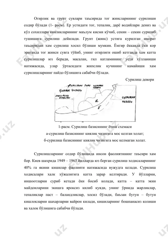 гик тузилишга ва динамик харакатга эга. сурилиш коянинг морфологиясига, тог жинсларининг жойланиш характери ва уларнинг кандай ётишига боглик. сурилишга учраган ён багирликлар геологик ва геоморфологик тузилишига боглик. хар кандай сурилиш базиси, сурлиш террасаси (супачаси), сурилиш ва узилиш девори, сурилиш танаси, сурилиш тили деб аталувчи элементлари бўлади. сурилаётган массанинг маълум бир юза буйича сурилиш траекторияси сурилиш юзаси (сурилиш чизиги) деб аталади. сурилиш юзасининг шакли, кўпинча, и тулкинсимон, ёйсимон, тўгри чизик шаклида бўлади. сурилиш натижасида ён багирликда хосил бўлган катта чукурликлар сурилиш уйими (ёки цирки) деб аталади. айрим ён багирликларда хар йили сурилиш содир бўлиши натижасида кияликда бир катор сурилиш уйимлари хосил бўлади. бу уйимлар орасидаги сўрилмай колиб кетган, уйимларни бир – биридан ажратиб турувчи жойлар сурилиш йиггичлари деб аталади. 2-расм. погонасимон сурилиш схемаси: 1-лёссимон тог жинслари; 2-кумтошлар; 3-кумлар; 4-гиллар. сурилиш юзасининг киялик чизиги билан кесишган ери сурилиш базиси деб аталади (1- расм). сурилиш базиси киялик чизиги билан устма – уст тушиши, …