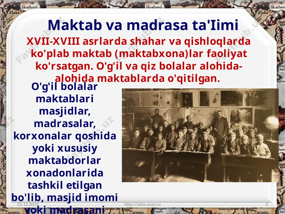 dengizi» asarida movarounnahr va xuroson tarixi, mamlakatlar, shaharlar, okean va dengizlar, hayvonot olami haqida qimmatli ma'lumotlar bayon qilinadi. adabiyot va san'at 24.06.2020 http://aida.ucoz.ru 14 xvii-xviii asr birinchi yarmida adabiyot ancha rivoj topdi. adabiy muhitda bedil (asli ismi mirzo abdulqodir, 1644-1721)ning o'rni katta. u kesh (shahrisabz)lik, turkiy barlos urug'idan, hindistonga ko'p marta safar qilgan, dehlida vafot etgan. bedil me'morchilik 24.06.2020 http://aida.ucoz.ru 15 buxoro xonligi tasarrufidagi hududlarda me'morchilik ishlari ham ancha rivoj topdi. ko'plab masjidlar, madrasalar, bozorlar, xonaqohlar, karvonsaroylar, harnmomlar, sardobalar barpo etildi. xvii asrda samarqand registoni ansamblining hozirgi qiyofasi shakllantirildi. image2.jpeg image3.jpeg image4.jpeg image5.jpeg image6.jpeg image7.jpeg image8.jpg image9.jpeg image10.png image11.png image12.jpeg image13.jpeg image14.jpeg image15.jpeg image16.jpg image17.jpeg image1.jpeg
