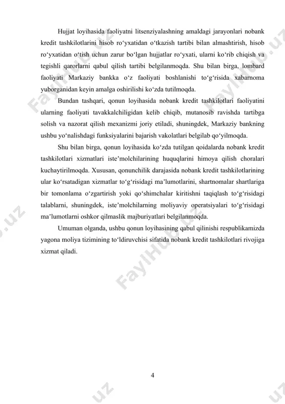 a 1 669 mlrd so‘mni tashkil etgan (bunda kreditlash surati 1 063 mlrd so‘mga ortgan). iqtisodiyotni modernizatsiyalash sharoitida o‘zbekiston respublikasi bank tizimini hamda nobank tashkilotlari faoliyatini 2011-2015 yillarda rivojlantirish yo‘nalishlari. «aynan banklar, ta’bir joiz bo‘lsa, butun iqtisodiyotimizni oziqlantirib turadigan qon tomir hisoblanadi, mamlakatimizning moliyaviy-iqtisodiy barqarorligi ko‘p jihatdan ularning samarali faoliyatiga bog‘liq”. muhtaram prezidentimizning vazirlar mahkamasi yig‘ilishlaridagi dasturiy ma’ruzalarida belgilangan ustuvor vazifalar: bank-moliya tizimining barqarorligini ta’minlash va bunda banklarning kapitallashuvini kuchaytirish; aholi va xo‘jalik sub’ektlarining bo‘sh pul mablag‘larini banklarning uzoq muddatli depozitlariga jalb etish; kichik biznes va xususiy tadbirkorlikni, fermerlikni rivojlantirishni moliyalashda tijorat banklarining rolini kuchaytirish. mazkur qaror bilan respublika moliya-bank tizimini yanada isloh qilish, uning barqarorligini oshirishning ustuvor yo‘nalishlari hamda yuqori xalqaro reyting ko‘rsatkichlariga erishishga qaratilgan 2 ta dastur: 1) “2011-2015 yillarda respublika bank tizimini yanada isloh qilish, uning barqarorligini oshirish va yuqori xalqaro reyting ko‘rsatkichlariga erishish bo‘yicha chora-tadbirlar” dasturi; 2) “2011-2015 yillarda mikromoliyalash va nobank moliya sohalarini yanada rivojlantirish …