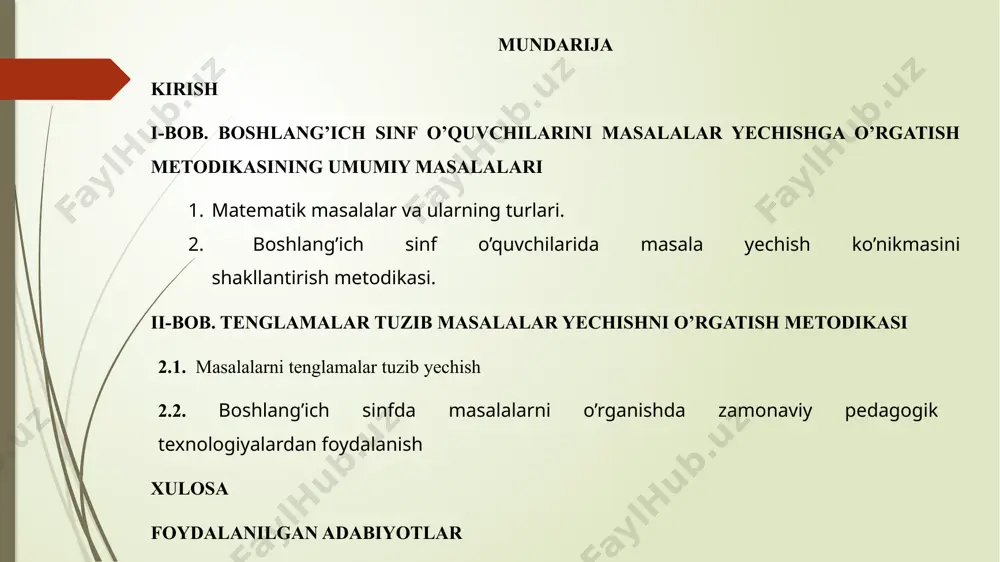 gini oshirishda zamonaviy pedagogik texnologiyalar va ularni qo’llash usullarini ishlab chiqish, dastur materiallariga mos matnli masalalarni o’rganishning samarali usullarini aniqlash yangi pedagogok texnologiyalardan foydalanib masala yechishni amalga oshirish yo’llarini izlashdan iborat. kurs ishi vazifalari quyidagilarni tashkil etadi 1. boshlang’ich sinflarda zamonaviy texnologiyalar asosida matematika darslarini tashkil etishning mavjud holatini o’rganish . 2. matematika darslarida zamonaviy pedagogik texnologiyalarni tashkil etishning ob’yektiv va sub’yektiv omillarni aniqlash . 3. boshlang’ich sinflarda matematika darslarini zamonaviy texnologiyalar asosida tashkil etishga xizmat qiluvchi maqbul shakl, metod va vositalarni belgilash. 4. boshlang’ich sinf matematika darslarida bolalarni tenglama tuzib masala yechishga o’rgatish kurs ishining obyekti: umumiy o’rta ta’lim maktablarining boshlang`ich sinf matematika darslaridagi o’qitish jarayoni. umumta’lim maktablarining boshlang`ich sinf matematika darslarida masalalar haqidagi tushunchalarni shakllantirish mazmuni, usullari va samarali vositalari. kurs ishining tuzilishi: kurs ishi kirish, 2 bob 4 paragrf, xulosa va foydalanilgan adabiyotlar ro’yhatlaridan iborat i bob. boshlang’ich sinf o’quvchilarini masalalar yechishga o’rgatish metodikasining umumiy masalalari 1.1. …