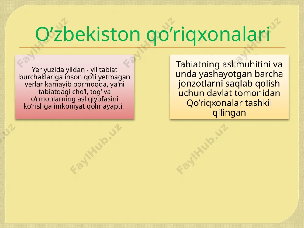 miyatga ega. ayniqsa, maksimovich rovochi, anzur piyozi, kiziliya, tog’ rayhon, kiyik o’ti, lolalar, shirach, tog’olcha, qoraqant va boshqalar ko’p uchraydi. hayvonot olami ham ancha boy. qorli cho’qqilarda bars yoki uning izlarini uchratish mumkin. archzorlarda turkiston silovsini va oq tirnoqli ayiq hayot kechiradi. qo’riqxonaning janubiy qismida markaziy osiyo takasi, bo’ri, tulki, jayra, qizil sug’ur, tolay quyoni tarqalgan. qo’riqxonada turli sayroqi va yirtqich qushlarni uchratish mumkin. payg’ambar orol qo’riqxonasi. 1971-yilda amudaryodagi payg’ambar orol qo’riqxona deb e’lon qilingan. umumiy maydoni 4043 gektar, shundan 964 gektari to’qayzor. qo’riqxona amudaryo yuqori oqimining to’qayzor namunasi sifatida saqlash maqsadida tashkil qilingan. bu yerda asosan buxoro bug’usi-xongul muhofaza etiladi. baday to’qay davlat qo’riqxonasi baday to’qay davlat qo’riqxonasi 1971-yilda qoraqalpog’iston hududida, amudaryoning quyi oqimida tashkil qilingan. to’qay o’rmonlari va u yerdagi hayvonlarni saqlash maqsadida ochilgan. 1975-yilda samarqand viloyatida maydoni 2360-2518 gektar bo’lgan zarafshon davlat qo’riqxonasi tashkil etildi. bu qo’riqxonani ornitologik deb atasa ham bo’ladi, chunki bu yerda asosan turli …