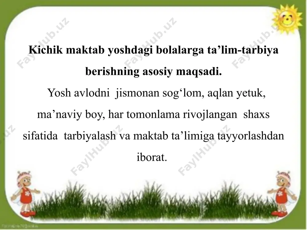 ntli) “kun, tun” “go`zlar va bo`ri” “ayiq polvon bo`g`ida” “bo`rilar va quyonlar” “har xil to`siqlardan oshib yugurish” harakatli o`yin «volebolchilar estafetasi» harakatli o`yin «to`pni tashish» harakatli o`yin «basketbolchilar musobaqasi” harakatli o`yin kichik maktab yoshidagi bolalarga mo`ljallangan o`yinlarni quyidagi turlari mavjuddir: elementar (sodda) mazmunli o`yinlar mazmunsiz o`yinlar murakkab harakatli o`yinlari futbol, badminton qayerda amalga oshiriladi? jismoniy tarbiya mashg`ulotida sayrda ko`ngilochar tadbirlarda ixtiyoriy ravishda sayr sayr ertalabki kechki sayr - bu bolani chiniqtirishning birinchi va eng qulay vositasi. ilk va kichik maktab yoshdagi bolalar rivojlanishiga qo‘yiladigan davlat talablari jismoniy rivojlanish va sog‘lom turmush tarzini shakllantirish harakat faolligi sayr paytida ta'lim va tarbiya vazifalari to'liq bajarilishi kerak: bolalarning sog'lig'ini yaxshilash. jismoniy rivojlanish. mustaqillikning rivojlanishi. dunyoqarashini kengaytirish. tevarak atrof bilan tanishish estetik tuyg'ular. o'zini tutish madaniyati tarbiyalash. sayr quyidagi elementlarlardan iborat bo'lishi kerak strukturaviy kuzatuv; jismoniy faoliyat: harakatkli , sport o'yinlari, sport mashqlari; har xil rivojlanish yo’nalish boyicha individual ish; mehnat mustaqil faoliyat topshiriqlari …