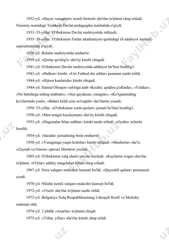 lan tanishib oldik. endi she'rdan olgan taassurotlaringiz bilan o`rtoqlashing. shoira «tun» she'rida tun holatini, tundagi ichki tuyg`ularini, juda chiroyli aks ettira olgan. «bahor keldi seni so`roqlab» she'rida shoiraning ichki kechinmalari, iztiroblari, sog`inch hislari juda ta'sirchan berilgan. badiiy san'atlardan unumli foydalanilgan. talmeh, jonlantirish, o`xshatish, sifatlash va boshqalar. «o`g`lim, sira bo`lmaydi urush» she'ri shoira ijodida katta o`rinni egallaydi. she'rni o`qigan kishida urushga nafrat, tinchlikka muhabbat paydo bo`ladi. darslikdagi savollar ustida ishlash: o`quvchilar shoiraning she'rlari juda ko`p, siz darslikdan tashqari she'rlarini ham bilasizmi? shu she'rlardan eshitamiz. qalb bo`lganda yiroqda iroda ekan ojiz. do`stlar ham ko`p atrofda, ammo men yakka yolg`iz. birdan qalbim keksayib, qon ham qochdi yuzimdan. sen sirdoshni axtarib, hayol ketar izingdan. o`tdi oylar g`am bilan oqib, dil topmadi zarra tasallo. firoqingda qoldim tutaqib, ne baloga etding mubtalo! ko`z ochgani qo`ymaydi alam, boshim quysam kuydirar bolish. yupatolmas kitob va qalam misralarim ko`tarar nolish. mana, bir umrni yashadim sensiz, qaytmas shodliklarmning qaytishin kutib. …