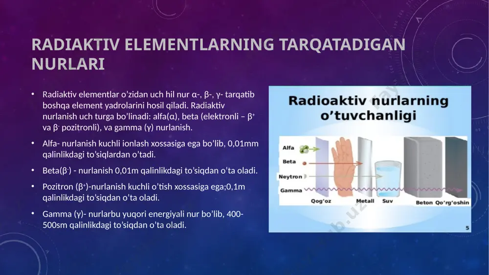 g kuchlilaridan hisoblanadi, rentgen nurlarini ishlatmasligi bilan boshqalaridan farq qiladi.bu usulda vodorod atomlarining protonlari kuchli magnit maydon bilan qo’zg’aladi.mrt usuli ayniqsa, o’zida vodorod atomlarini suv molekulalari ko’rinishida tutgan yumshoq to’qimarni tasvirini olishda qo’laniladi. brahiterapiya brahiterapiya-bu radiaktiv izatoplarni organizmga ko’chirib o’tkazish hisoblanadi. bu usulda radiaktiv izotoplar implantatsiya qilinadi va u ichki nur terapiyasi deb ataladi. sog’lom to’qimalga iloji boricha zarar yetkazmasdan, rak bilan kasalangan a’zolarga radiatsiyalarni katta dozasi qo’laniladi. etiboringiz uchun raxmat image2.png image3.png image4.png image5.jpeg /docprops/thumbnail.jpeg
