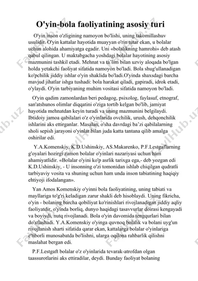 bolalar o'yini tarbiyasi va rivojlanishi — DOCX