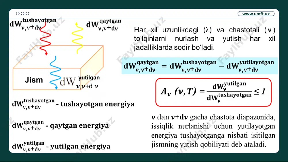 lan bog‘liq elastik sochilishi – kompton effekti deb ataladi. www.umft.uz mikrozarracha (yoki elektromagnit nurlanishning) bir yo‘la ikkita xususiyatga ega bo‘lishi – zarracha va to‘lqin ko‘rinishida bo‘lishi korpuskulyar – to‘lqin dualizmi deb ataladi. modda zarrachalarining korpuskulyar – to‘lqin dualizmi xususiyati elektromagnit nurlanishning ω chastotasi oshishi bilan uning korpuskulyar xususiyati namoyon bo‘lishi kuchaya di. radioto‘lqinlar korpuskulyar xususiyatga umuman ega bo‘lmaydi ω ≤ yorug‘lik va rentgen nurlari bir xil sharoitlarda to‘lqin xususiyatini (difraksiya, interferensiya), boshqa sharaoitlarda – korpuskulyar (fotoeffekt, yorug‘lik bosimi) xususiyatni namayon etadilar qattiq γ– nurlanish o‘zini amalda fotonlar oqimi sifatida namayon etadi ω ≥ ≤ ω ≤ www.umft.uz lui de broyl gipotezasi (1924-yil) elektron va moddalarning istalgan boshqa zarrachalari korpuskulyar va to‘lqin xususiyatiga ega bo‘ladilar. korpuskulyar xususiyatlar – e energiya va p impuls to‘lqin xususiyatlar – chastota va λ to‘lqin uzunligi korpuskulyar va to‘lqin xususiyatlari orasidagi bog‘lanish de broyl to‘lqini: b www.umft.uz xulosalar korpuskulyar–to‘lqin dualizmi – moddaning universial xususiyatidir. korpuskulyar–to‘lqin dualizmi …