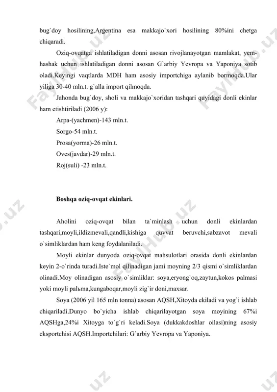 tog`lari markazi (peru). lekin hozirgi kunda shimoliy mo``tadil mintaqaning asosiy ekini bo`lib qolgan.2-non hisoblanadi,chunki kraxmalga boy. kartoshka yalpi hosili bo`yicha etakchi davlatlar (2007 y): 1. xitoy (55 mln tonna) 2.rossiya (31 mln tonna) 3.hindiston 4. aqsh 5.polsha dunyoda yiliga 320 mln.t. kartoshka yetishtiriladi (2006y). qand lavlagi (sax. svekla) mo``tadil mintaqa ekini.qand lavlagi yiliga 300mln.t. (2007 yil 274 mln tonna) yetishtiriladi. qand lavlagi yetishtirishda yetakchi davlatlar: ukraina,rossiya,aqsh,fransiya,germaniya,polsha. jahonda yiliga 100 mln.t. qand-shakar ishlab chiqariladi,shuni 40%i qand lavlagiga,60%ga yaqini shakarqamishga to`g`ri keladi.shakarqamish asosan tropik va subtropik mintaqa ekini.vatani hindiston.dunyo bo`yicha yiliga 850 mln.t.(2007 y) shakarqamish etishtiriladi.shakarqamish shakari ishlab chiqaruvchi eng yirik mamlakatlar: braziliya,hindiston,kuba,xitoy,meksika. asosiy eksportchilar: braziliya,kuba,avstraliya. importchilar: aqsh,horijiy yevropa,yaponiya. quvvat beruvchi o`simliklarga choy,kofe,kakao va ziravorlar kiradi.bularning hammasi tropik va subtropik mintaqalar ekinidir. choy vatani xitoy.yevropaga xvii asrda kirib kelgan.jahonda ishlab chiqariladigan choyning asosiy qismini hindiston (31%), hitoy (21%), shri-lanka (13%) beradi. asosiy eksportchilar ham shular,importchilar: horijiy yevropa. kofe (qahva) vatani habashiston.biroq kofe …