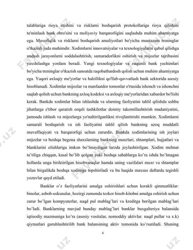 lgan mablag’lari bo’ladi. banklarning mavjud bunday mablag’lari banklar buxgalteriya balansida iqtisodiy mazmuniga ko’ra (asosiy vositalar, nomoddiy aktivlar. naqd pullar va x.k) qiymatlari guruhlashtirilib bank balansining aktiv tomonida ko’rsatiladi. shuning uchun ham xalqaro miqyosda bank mablag’larini – aktivlari deb yuritiladi. bank aktivlari deyilganda-bank faoliyatida amalga oshirilgan va oshiriladigan amaliyotlari jarayonida mablag’ni xarid qilish, foydalanish uchun uchinchi shaxsga berish natijasida iqtisodiy manfaat keltiruvchi moddiy va nomoddiy mablag’lar tushuniladi. iqtisodiy manfaat odatda aktivlarda pul oqimi shaklida namoyon bo’ladi. naqd puldan tashqari har qanday resurs aktivga aylanishi uchun alohida yoki biror bir boshqa resurs bilan birgalakda bevosita yoki bilvosita pul oqimini ta’minlashi zarur. bank aktivlari, bankning aktiv amaliyoti natijasida shakllanadi, ya’ni bank balansini likvid holda ushlab turib, o’z va jalb qilingan mablag’larni foyda olish maqsadida joylashtirish faoliyatini ta’minlaydi. bank aynan aktiv amaliyotlari natijasida daromadining asosiy qismini oladi. bank aktivlari – bu bankka tegishli hamda moddiy qiymatga ega bo’lgan qiymatliklar: naqd pul mablag’lari, qarzga berilgan …