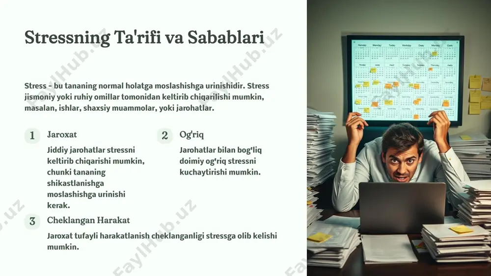 sh stress bilan kurashishga yordam beradi. 4 jismoniy faollik va dam olish jksni engish uchun muntazam ravishda jismoniy mashqlar qilish muhimdir. jismoniy faollik stress darajasini pasaytirishga va kayfiyatni yaxshilashga yordam beradi. yengil mashqlar yengil mashqlar, masalan, yurish yoki suzish, stressni kamaytirishga va kayfiyatni yaxshilashga yordam beradi. yo'g'onlik mashqlari yo'g'onlik mashqlari tanani kuchaytirishga va stressni kamaytirishga yordam beradi. dam olish to'g'ri dam olish va uxlash tananing stressga qarshilik ko'rsatish qobiliyatini oshiradi. 5 sog'lom ovqatlanish sog'lom ovqatlanish tananing stressga qarshilik ko'rsatish qobiliyatini oshiradi. oziq-ovqatlar tanani kerakli ozuqa moddalari bilan ta'minlaydi va kayfiyatni yaxshilaydi. meva va sabzavotlar vitamin va minerallar bilan boy to'liq donli mahsulotlar energiya va tolalar bilan boy oqsil mushaklarning tiklanishi va ta'mirlanishi uchun muhim suv tanani hidratsiya qilish uchun muhim 6 salbiy kechinmalarni boshqarish salbiy kechinmalarni boshqarish - bu jksni engishning muhim qismidir. salbiy fikrlar va hissiyotlar stress darajasini oshirishi mumkin. qabul qilish salbiy fikrlarni tan olish va ularni qabul …