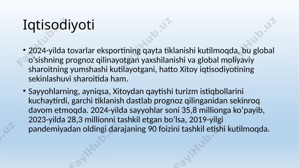 hisobotida. hisobotga ko'ra, 2023 yildagi o'sish tovarlar eksportining qisqarishi, shuningdek, davom etayotgan fiskal konsolidatsiya tufayli pasaygan. iqtisodiyot 2025 yilda o'rtacha 3,1 foizga o'sishi prognoz qilinmoqda. energiya narxining pastligi tufayli 2024-yilda inflyatsiya darajasi 1,1% gacha sekinlashishi prognoz qilinmoqda. biroq, oziq-ovqat narxi oshishi kutilmoqda. iqitisodiyoti iqtisodiyoti iqtisodiyoti image1.jpeg image2.jpeg image3.jpeg image4.jpeg /docprops/thumbnail.jpeg