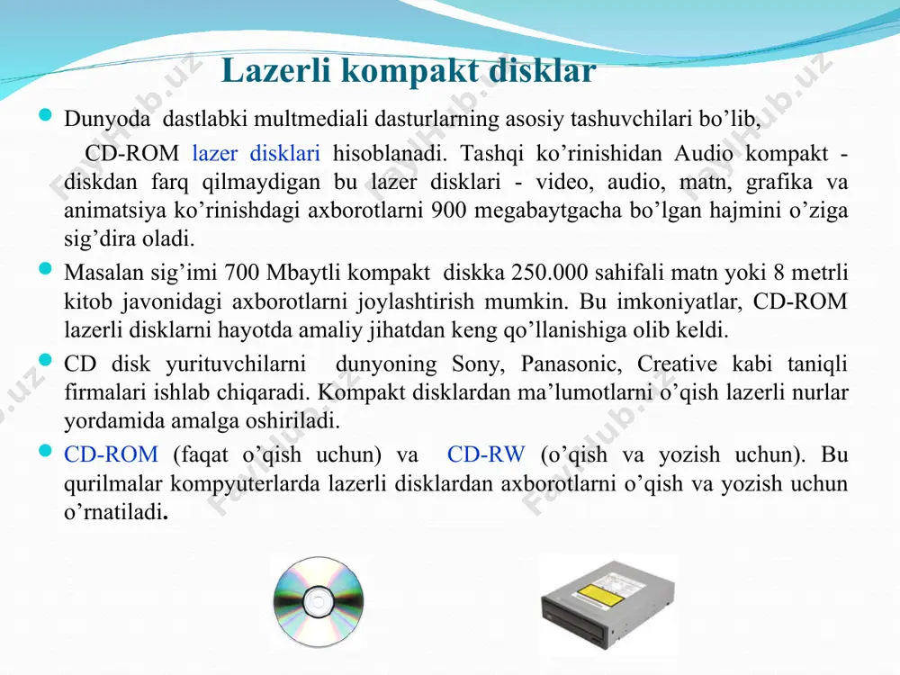 a ega lazer nurining rangidan olingan. blue ray disklarining hajmi 25 gb bo’lib, ulardan dvd standartidan ham yuqori sifatli hd (high density - yuqori aniqlikdagi) va full hd – to’liq yuqori aniqlik standartidagi teleko’rsatuvlar va videomateriallarni saqlash uchun ishlatiladi. hd standartida har bir kadr 1280x720, full hd da 1920x1080 o’lchamga ega bo’ladi. * disklarga xizmat ko’rsatuvchi dasturlar: cd va dvd disklarga matn, tasvir, rasm, audio, video fayllarni yozish va qayta yozish uchun asosan hozirgi kunda nero express, total commander tarkibidagi aburner dasturlari ishlatiladi. nero dasturi kompyuterga o’rnatilgan bo’lsa, uni ishga tushirish uchun quyidagi ketma-ketlikni bajaramiz: пуск все программы nero nero express qattiq magnitli disk (vinchester) kompyuterning asosiy ma’lumotlar saqlanadigan xotirasi hisoblanadi. ular hajmi va ishlash tezligi bilan farqlanadi. qattiq disk-kopyuterning sistemali blokiga o’rnatiladi va shleyf deb nomlanuvchi maxsus shnur bilan plataga ulangan bo’ladi. kompyuter o’chirilganda ham qattiq diskda ma’lumotlar saqlanib qoladi. qattiq magnitli disk yoki vinchester nomi 1973-yilda ibm kompaniyasi …