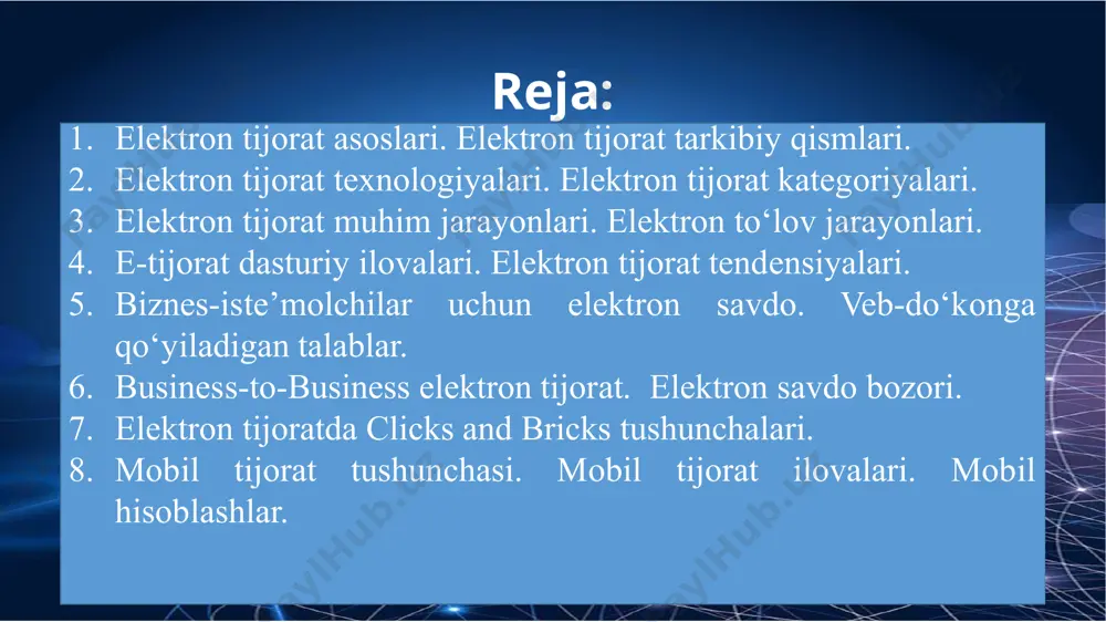 b chiqish, tizim ma'lumotlari saytlarni belgilash, reklama qilish va ularga xizmat ko'rsatish, xosting va ro'yxatdan o'tkazish domenlar). - bu texnologiya bir necha yillar davomida ravnaq topdi. undan dell, cisco, ibm, hp, oracle, microsoft va sun kompaniyalari juda keng ko’lamda foydalanishadi. cisco kompaniyasi mahsulotlarni sotish faoliyatining ¼ qismini internet orqali amalga oshiradi. internetdan foydalanish sotuvchilarga qo’yidagi imkoniyatlarni beradi: o’zining maxsuloti va tovarini xalqaro va regional darajada reklama qilish. bundan tashqari reklama o’z ichiga umumiy tariflar bilan birgalikda, tovarning rasmini, sotuvchi taklif qilayotgan chegirmalar hamda qo’shimcha ma’lumotlarni olishi mumkin qo’shimcha biznes sheriklar orttirish maqsadida o’zining korxonasini reklama qilishi mumkin. bozordagi narxlarni o’zgarishini tezkor kuzatib borishi mumkin; investrlar topish maqsadida o’zining loyixalarini reklama qilishi mumkin; sotilayotgan tovarlar uchun internetdan buyurtma qabul qilish tizimini yaratishi mumkin; elektron pochta orqali sotuv vakillari bilan tezkor aloqa o’rnatish xamda biznes bo’yicha sheriklarni ma’lumotlariga to’g’ridan to’g’ri kira olish imkoniyati yaratiladi. sotib oluvchiga esa: kerakli tovarni sotadigan korxonani tezkor …