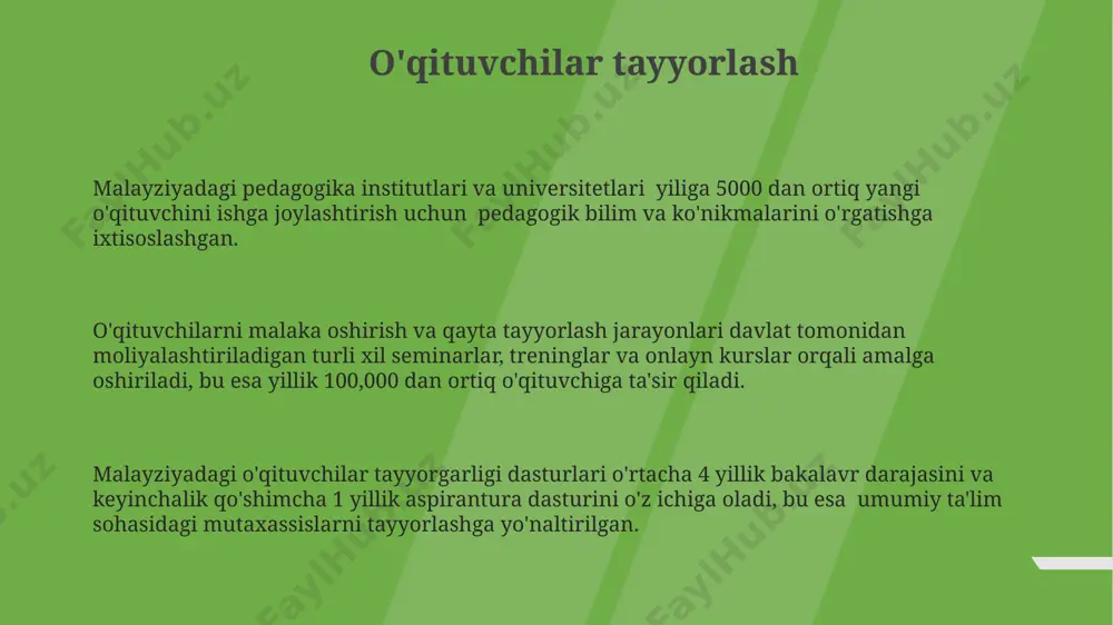 sektorga tegishli bo'lib, raqobatbardoshlikni oshiradi. ta'lim sifatini nazorat qilish malakali o'qituvchilar sonining o'sishi (taxminan 15% 2015-2020 yillar oralig'ida) ta'lim sifatini yaxshilashga ijobiy ta'sir ko'rsatdi, ammo o'quv resurslarining taqsimotida tengsizlik muammosi saqlanib qolmoqda. ta'lim sifatini baholashda, xalqaro standartlarga mos keladigan pisa testlarida, malayziya o'rtacha 480 ball to'plagan bo'lib, bu raqam osiyo mintaqasi bo'yicha o'rtacha ko'rsatkichdan pastroqdir. ta'lim sifatini nazorat qilishda, 2020-yilgi ma'lumotlarga ko'ra, o'quvchilarning 70%i milliy imtihonlarda minimal standartlarga yetmagan, bu esa ta'lim siyosatining qayta ko'rib chiqilishiga olib keldi. kasb-hunar ta'limi kasb-hunar ta'limi milliy iqtisodiyotning turli sohalariga malakali mutaxassislarni tayyorlashga qaratilgan bo'lib, taxminan 50 dan ortiq kasb-hunar yo'nalishlarini o'z ichiga oladi. kasb-hunar ta'limi dasturlari amaliy mashg'ulotlarga, laboratoriya ishlariga va ish joylarida amaliyot o'tashga katta e'tibor qaratadi, bu bitiruvchilarning bandlik ko'rsatkichlariga ijobiy ta'sir ko'rsatadi. kasb-hunar ta'limi 11-sinfdan keyin o'rta maxsus kasb-hunar ta'limi muassasalarida davom ettirilishi mumkin bo'lib, 2-3 yillik o'qish muddatiga ega. ta'limda tenglik va inklyuziya malayziyaning inklyuziv ta’lim siyosati, turli etnik …
