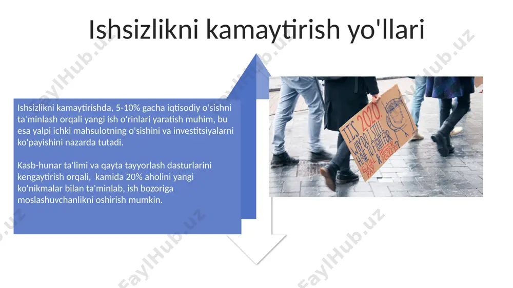 a ega bo'lishi kerak. ixtiyoriy ishsizlik ixtiyoriy ishsizlikka kiruvchi shaxslarning 70% dan ortig'i o'zlarining avvalgi ish joylaridan qoniqishsizlik yoki kam haq to'lanishi sababli ketishganini tadqiqotlar ko'rsatadi. ixtiyoriy ishsizlik darajasi, odatda, iqtisodiyotning umumiy farovonligi yuqori bo'lgan davrlarda 2-3% atrofida bo'ladi, bu ishchilarning yaxshiroq ish takliflari izlash imkoniyatiga ega ekanligini ko'rsatadi. istisnoiy ishsizlik istisnoiy ishsizlikka uchragan shaxslar qayta tayyorlash kurslariga 1-2 oy ichida yozilishi va yangi kasblarga ega boʻlishlari mumkin. istisnoiy ishsizlik, mehnat bozorining 2-3% ini tashkil qiladi va iqtisodiyotning o'zgarishi tufayli, masalan, texnologiyalar yangilanishi natijasida yuzaga keladi. ishsizlik turlari tasnifi ishsizlikning asosiy 4 turi mavjud: siklik, strukturaviy, ishqalanish va mavsumiy, har biri iqtisodiyotdagi turli omillar bilan bog'liq bo'lib, ularning ta'siri va davomiyligi farq qiladi. mavsumiy ishsizlik, yilning ayrim fasllarida talabning pasayishi tufayli yuzaga keladi, masalan, qishda qurilish sohasidagi ishsizlik darajasi 15% ga ko'tarilishi mumkin. e'tiboringiz uchun rahmat @taqdimot_robot image4.jpg image5.jpg image6.jpg image7.jpg image8.jpg image9.jpg image10.jpg image11.jpg image12.jpg image13.jpg image14.jpg image15.jpg image16.jpg …